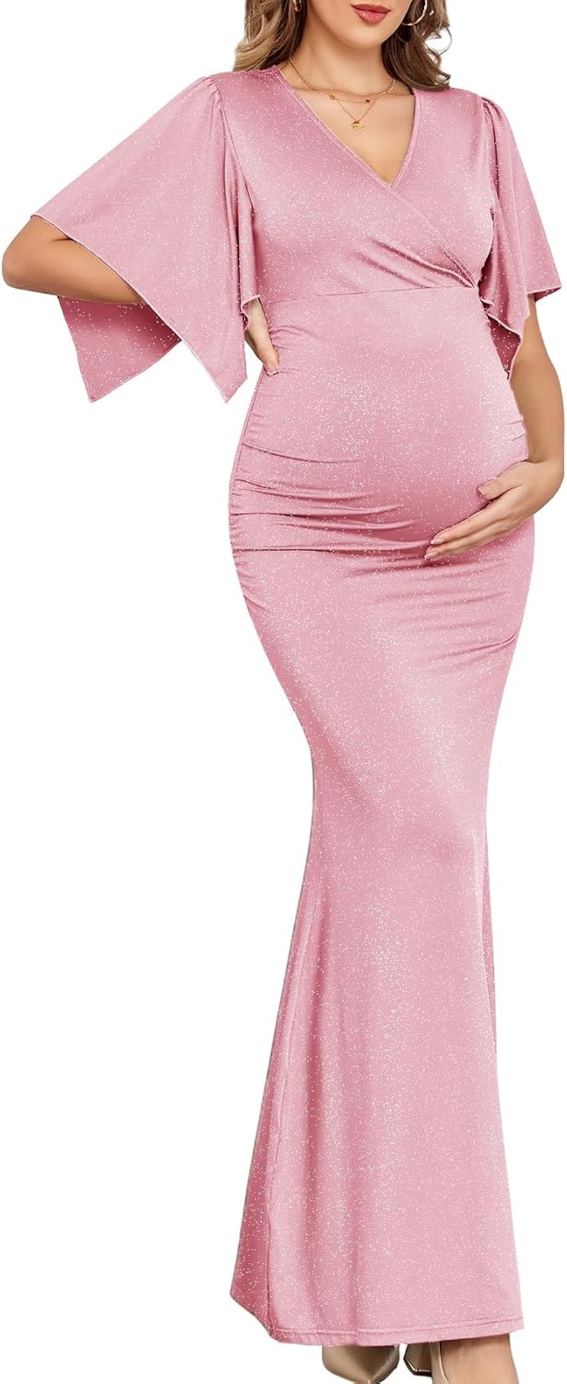 CYCLAMEN Maxi Maternity Dress Sparkly Baby Shower Semi Formal Wedding Guest V-Neck Handkerchief Sleeves Elegant Pregnancy