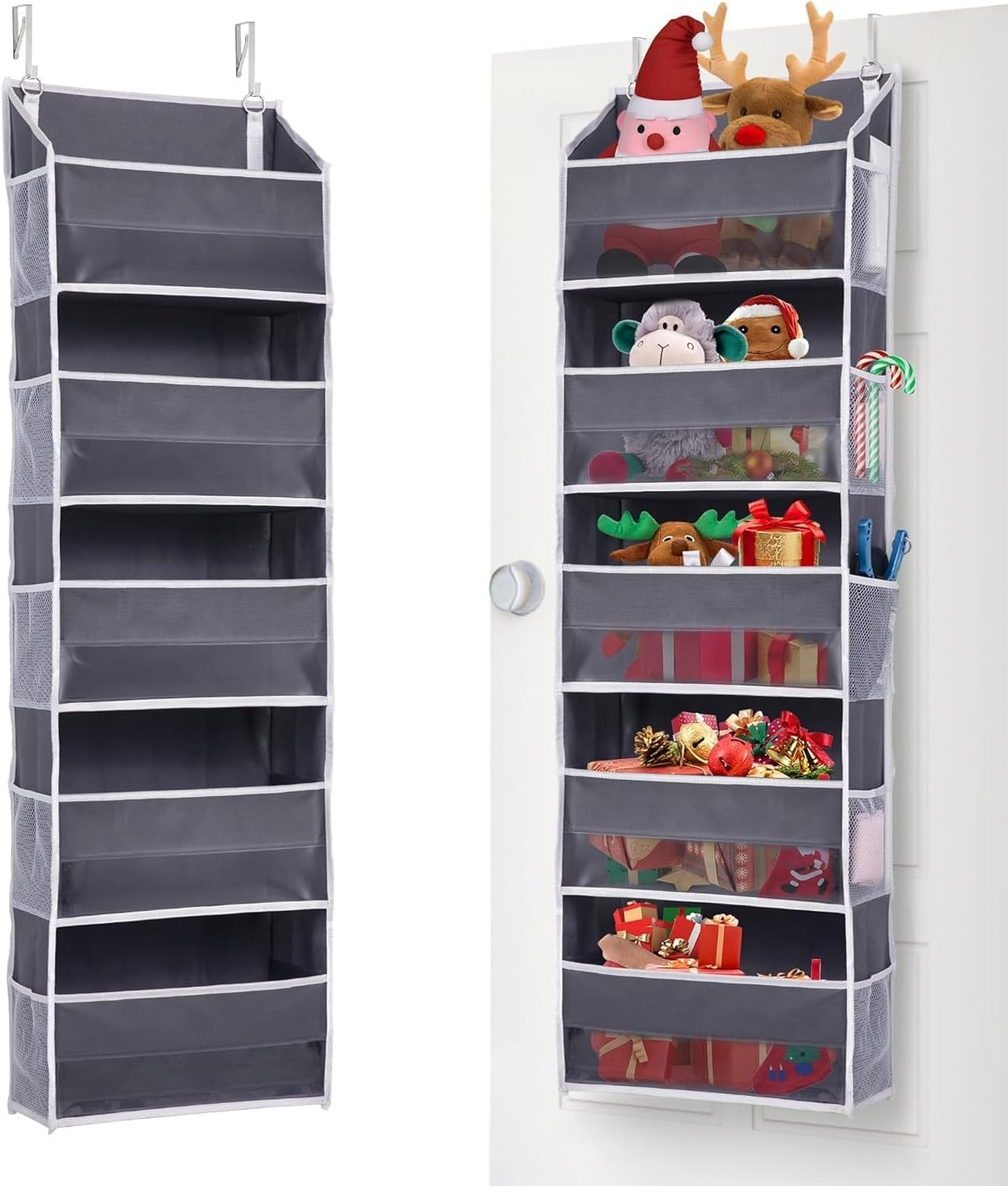 Maximize Space with 1 Pack over Door Organizer - 5 Large Pockets & 10 Mesh Side Pockets for Kids Toys, Shoes, Diapers - 44 Lbs Capacity in Dark Grey, 5 Layers with Clear Window! image number 6