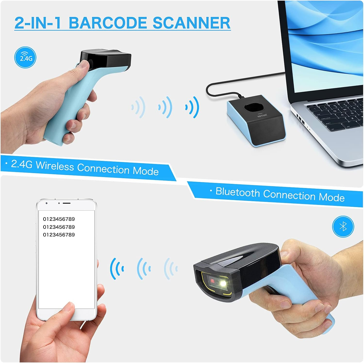 NETUM Bluetooth Wireless 2D Barcode Scanner with Charging Cradle, Hands Free Automatic Sensing Bar Code Reader 1D 2D QR Pdf417 Scan Gun Works with MAC OS, Windows, Ios, Android - DS7500 (Blue) image number 3