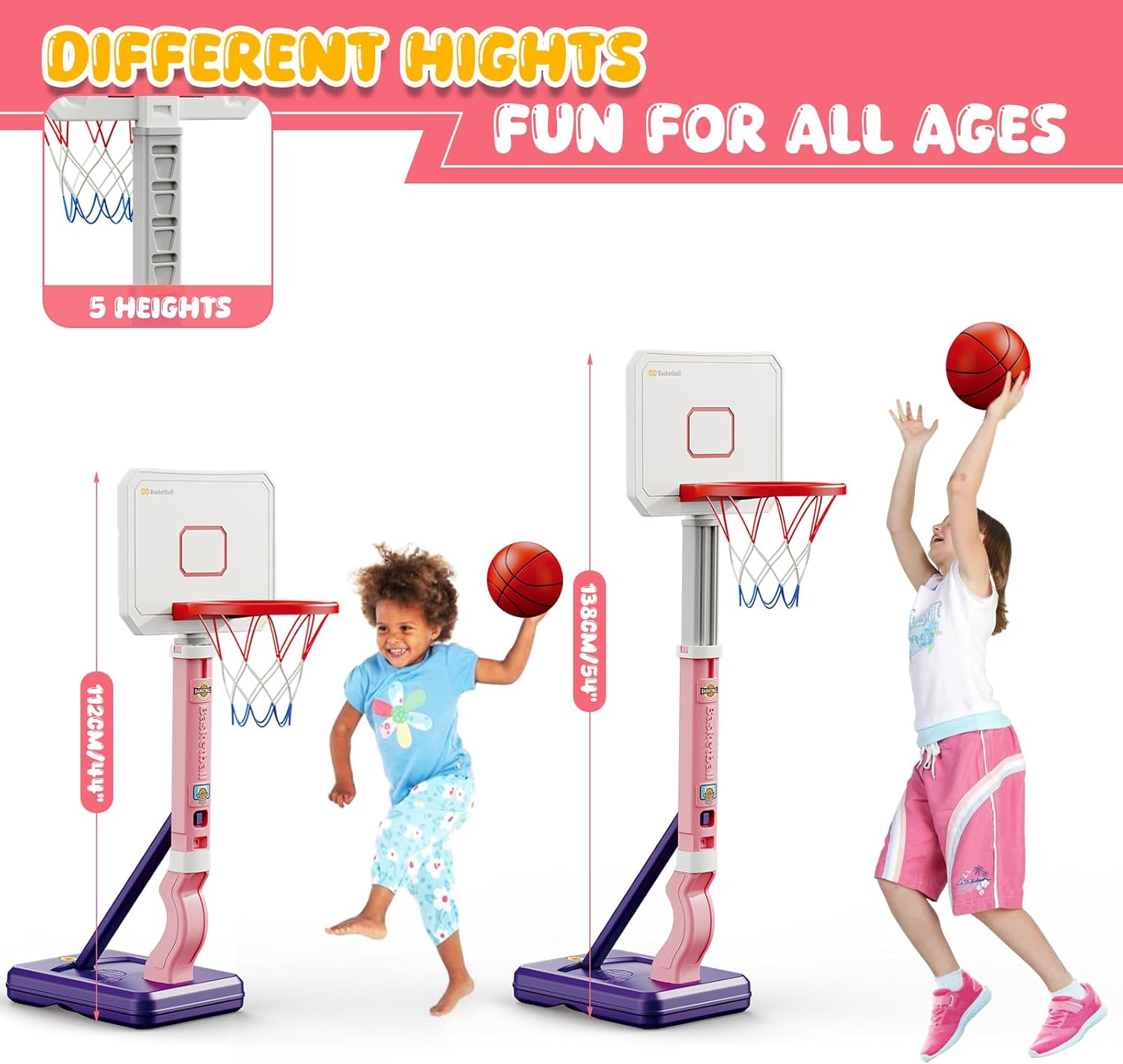Toddler Basketball Hoop, Adjustable Height 2.3-4.5Ft Baby Basketball Goal Set with 4 Balls & Pump, Backyard Poolside Basketball Toy for Boys & Girls Birthday Gift image number 3