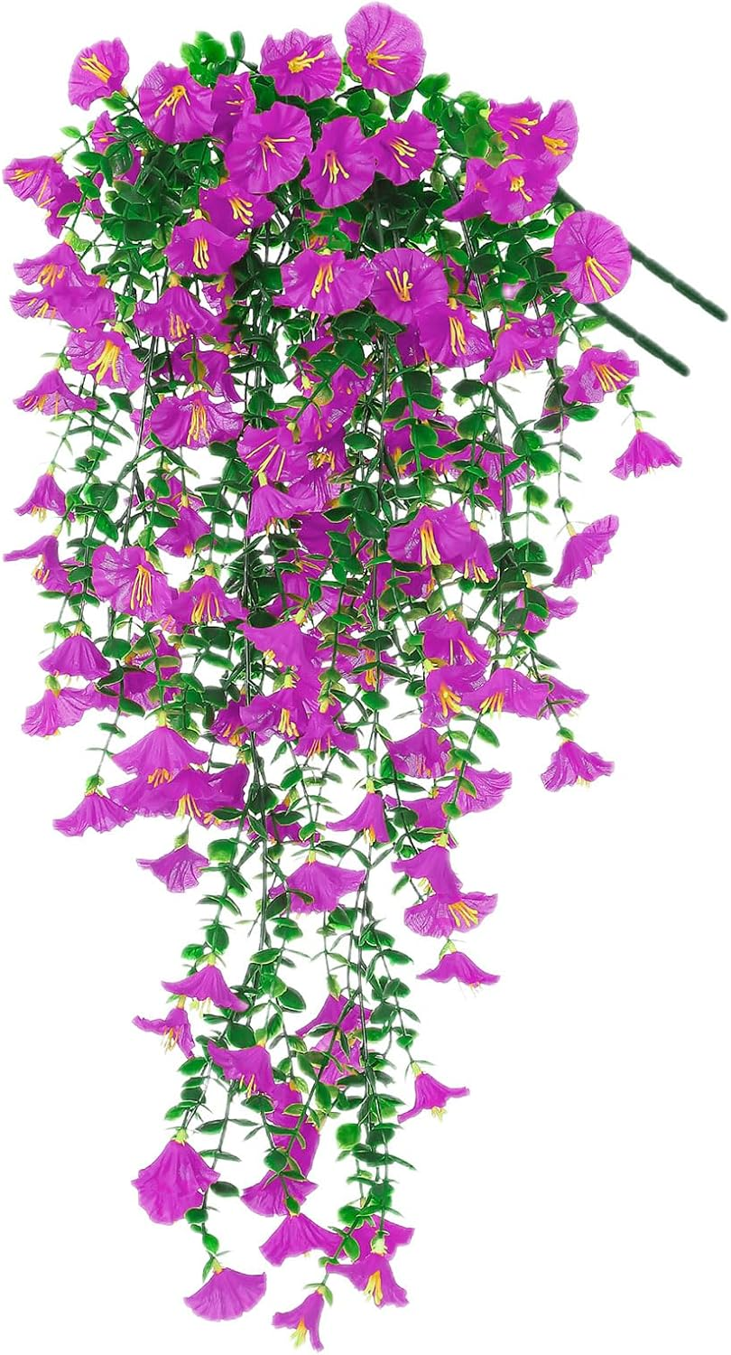 Yimingjin Artificial Fake Hanging Flowers Plants for Spring Decoration, 2PCS Silk Morning Glory Faux Flowers with Eucalyptus Leaves, UV Resistant Trailing Vines Outdoor Home Planter (Red)