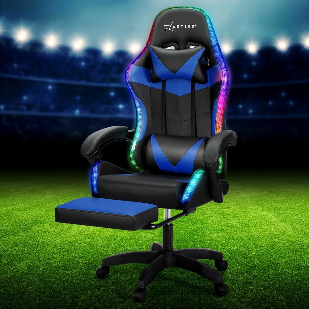 Artiss Massage Gaming Chair, PU Leather 6 Point 7 LED Ergonomic Office Computer Desk Recliner Chairs Armchair for Room Executive Home, with Retracted Footrest 360&deg; Rotatable Height Adjustment Blue image number 3