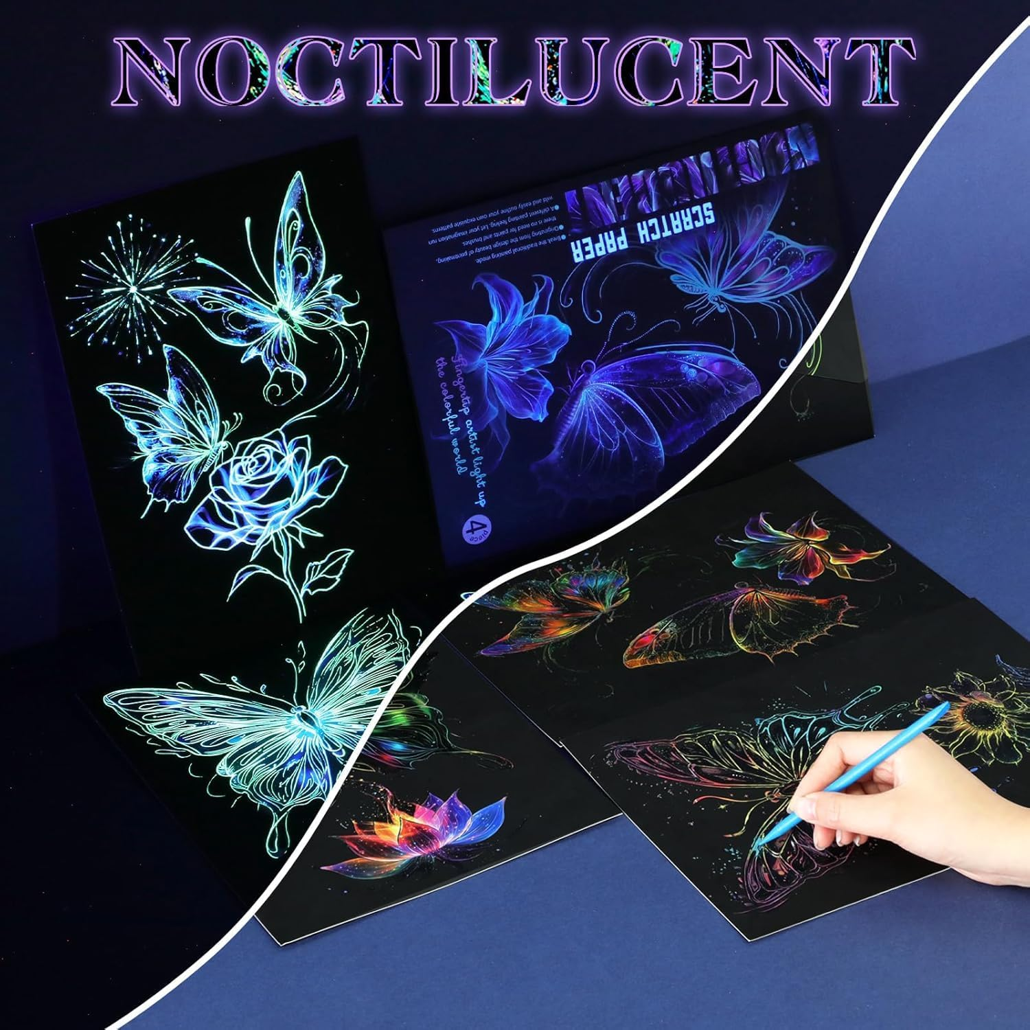 12 Pcs Glow in the Dark Scratch Art Rainbow Painting Paper with Pen, Rainbow Engraving Landscape Scratchboard(A4) for Adults, Fun Sketch Card Creative Craft (Ocean Butterfly Peacock) image number 2