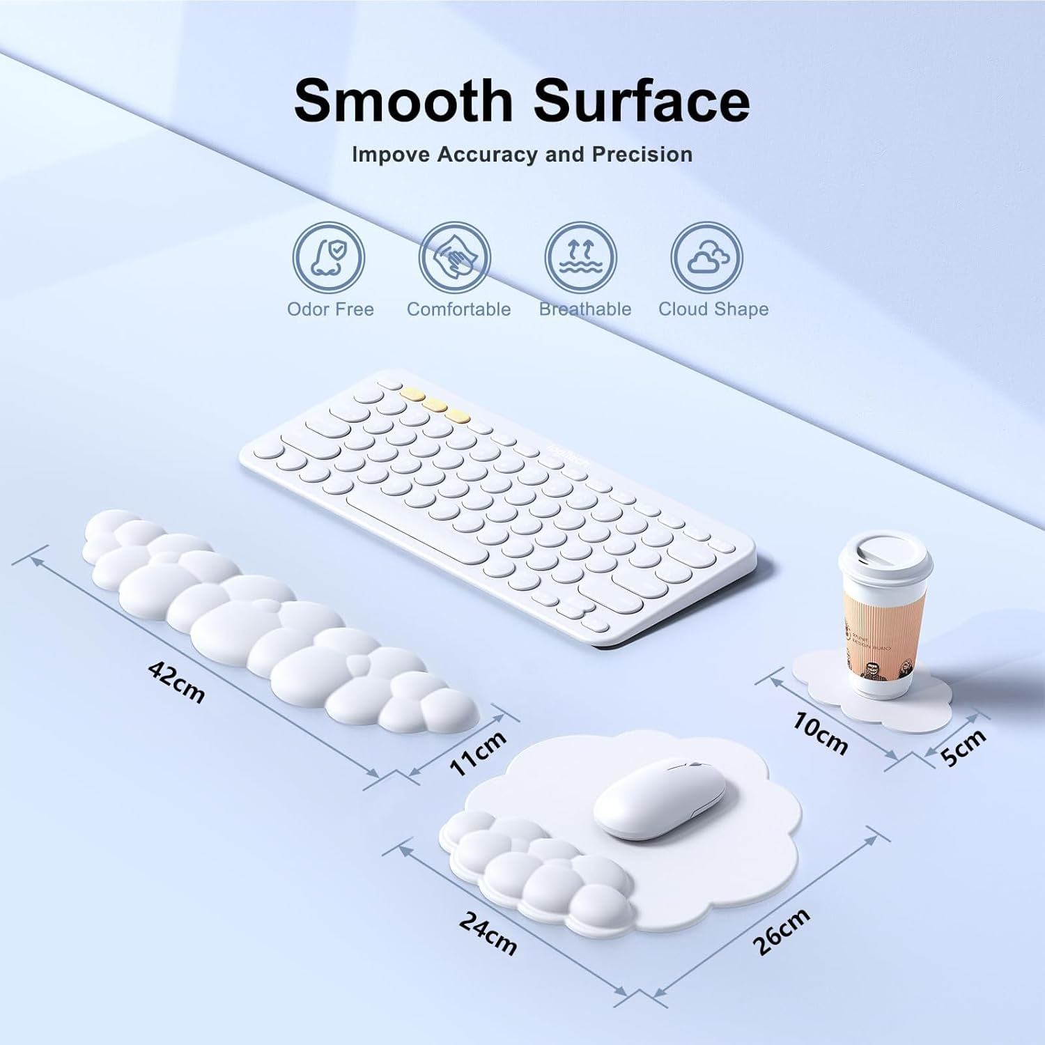 Keyboard Cloud Wrist Rest Set, Cloud Mouse Pad and Coaster, Memory Foam White Keyboard Wrist Rest with Leather Surface Non-Slip Base, for Typing Pain Relief, Office, Gaming, Computer, Laptop image number 1