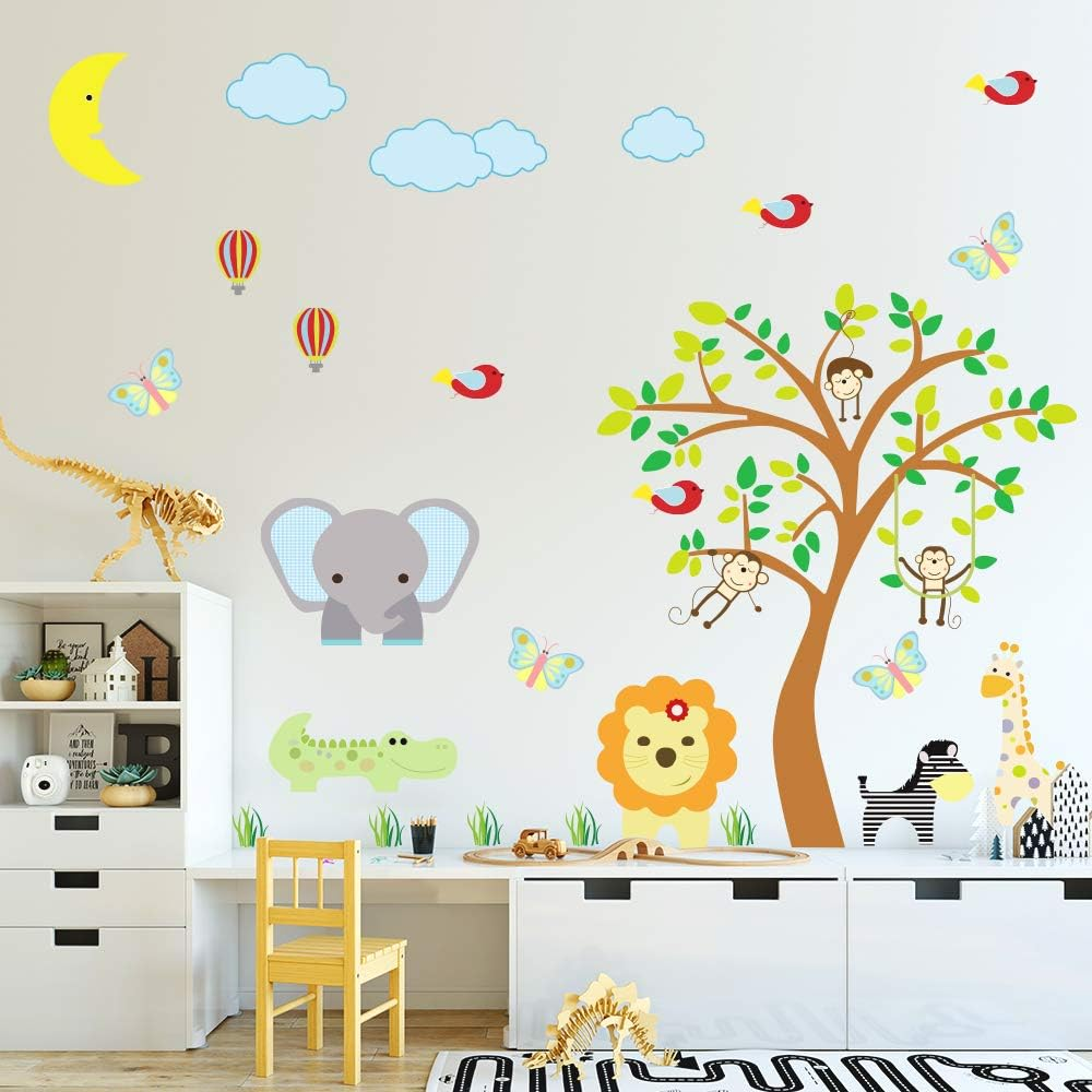 Supzone Jungle Animal Wall Stickers Monkey Tree Wall Decals Elephant Giraffe Zebra Vinyl Forest Animal Wall Stickers DIY Removable Home Decoration Baby Nursery Girl Boy Kids Room Wall Decor image number 5