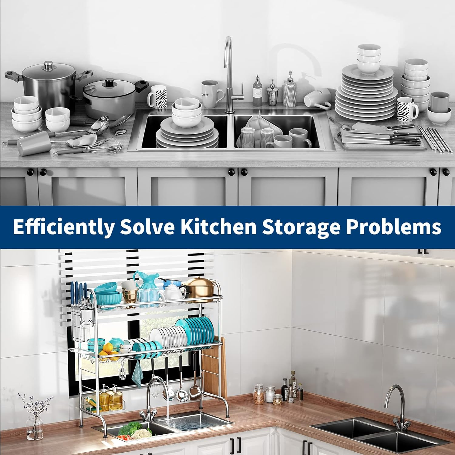 Over the Sink Dish Drying Rack, Sandream 2 Tier over Sink Dish Rack, Stainless Steel Sink Drying Rack with Utensil Holder, Large Capacity Dish Drainer for Kitchen Counter, Silver (Fit Sink&le; 81Cm/32)