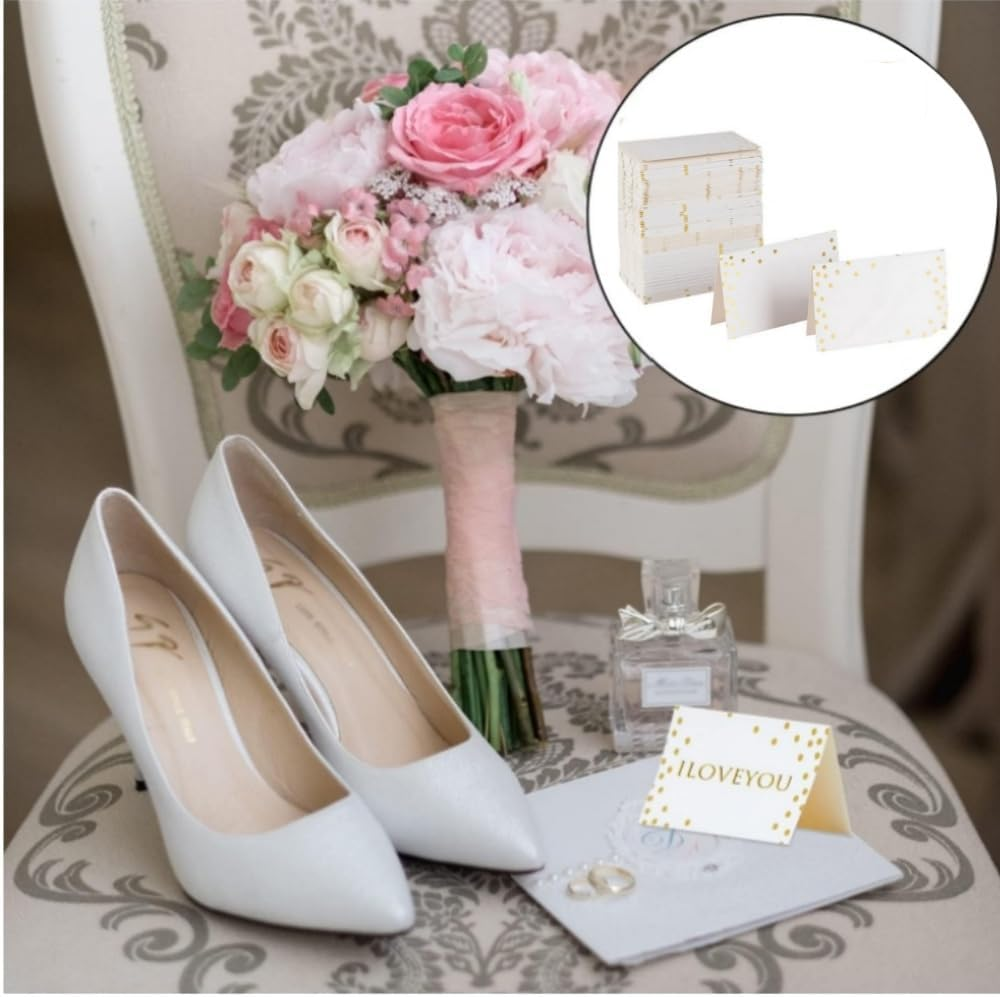 Jindizi Wedding Place Cards, 50 PCS Table Place Cards, Small Tent Cards, Blank Wedding Name Place Cards with Gold Dot Border for Party, Banquet, Reserved Seating image number 1