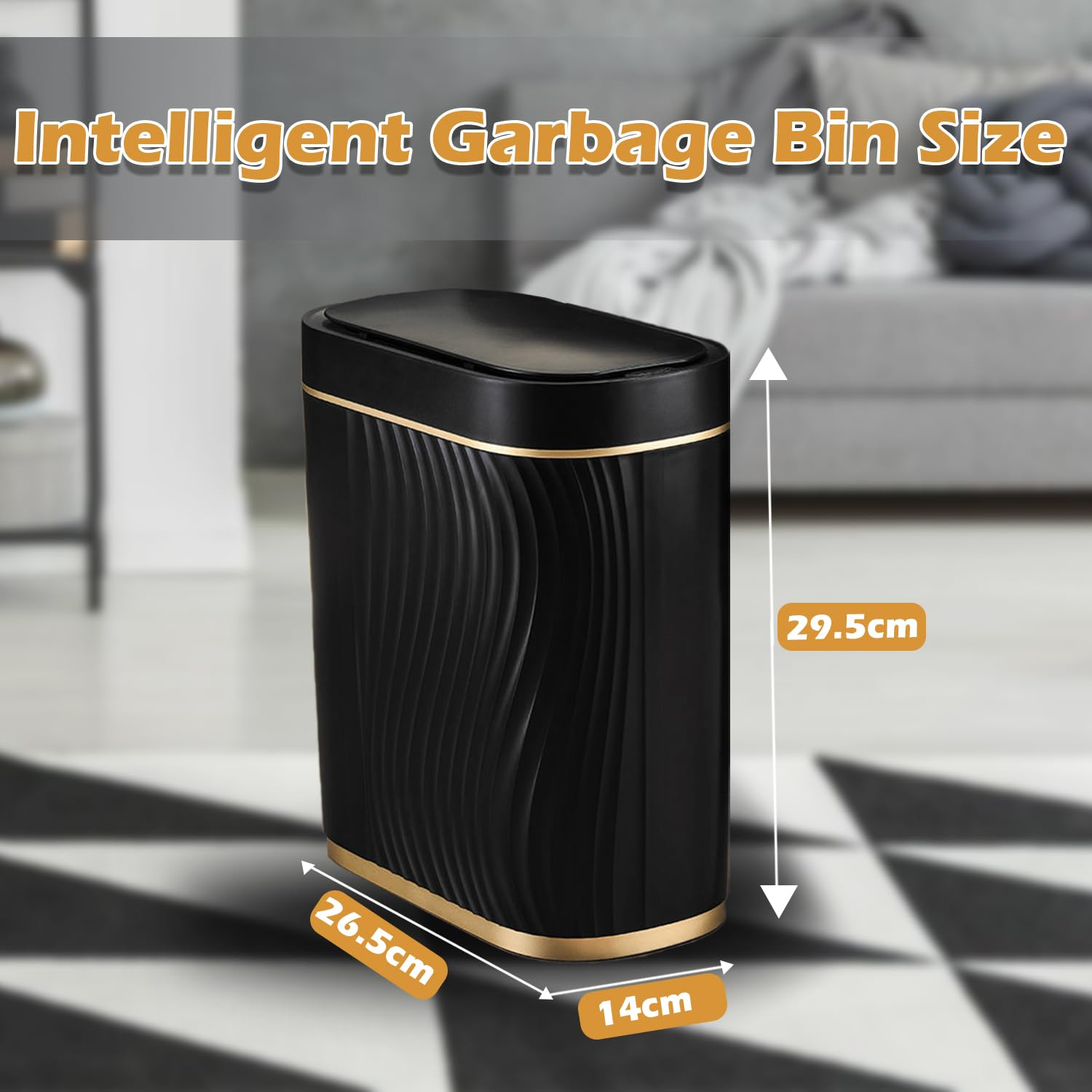 Caunedy Bathroom Smart Trash Can with Lid Automatic Touchless Lid, 8L Slimline Sensor Trash Bin for Bedroom, Living Room, Office（Black with Gold Trim） image number 3