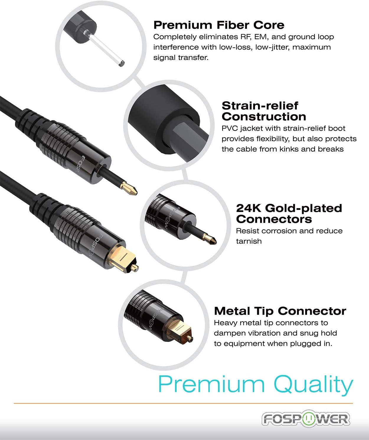 Fospower (0.9M / 3FT) 24K Gold Plated Toslink to Mini Toslink Digital Optical S/PDIF Audio Cable with Metal Connectors & Strain-Relief PVC Jacket image number 4
