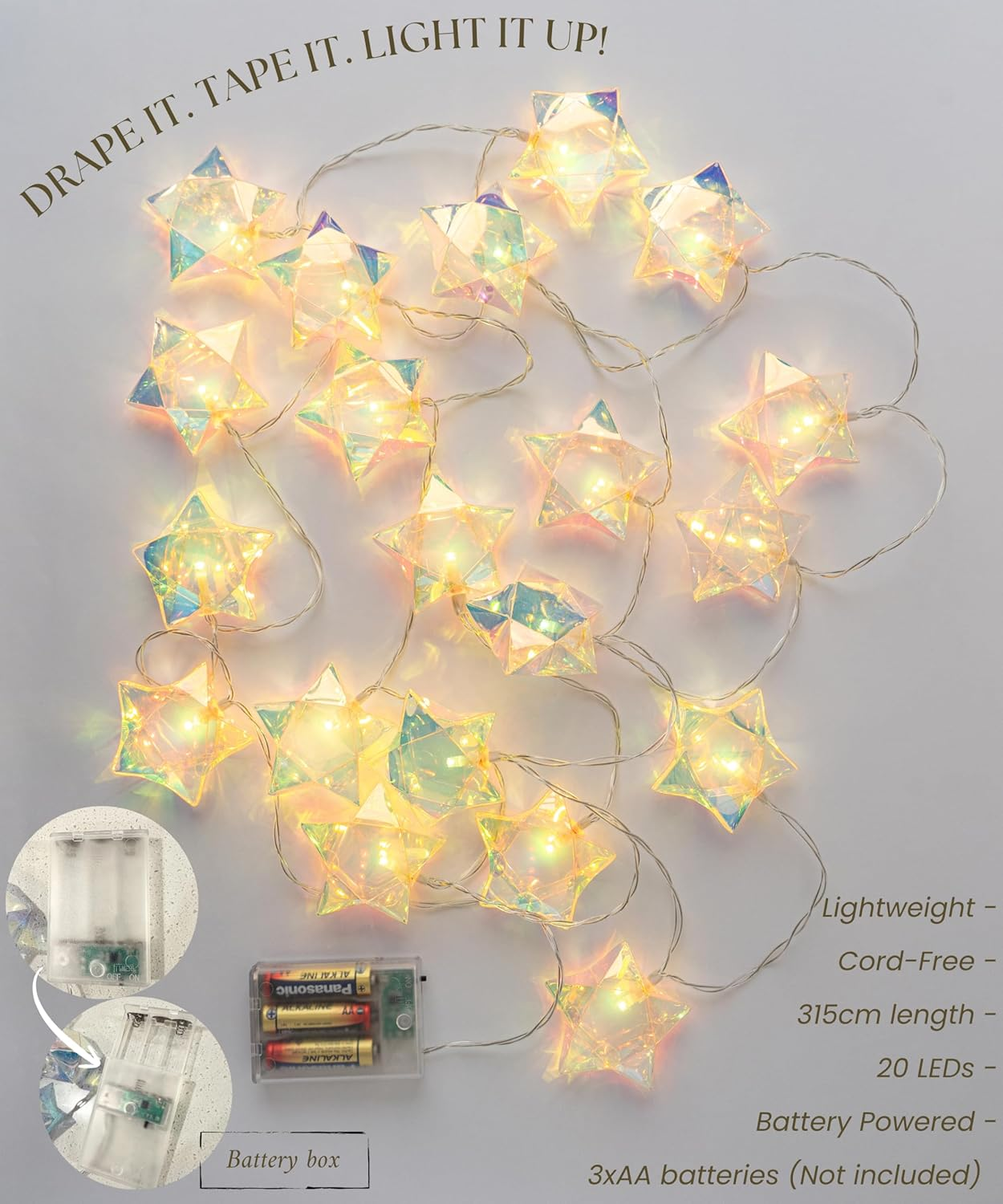 Meletē LED Iridescent Star String Lights &ndash; 3.15M (10Ft 4In), 20 Warm White Leds, Battery Operated with Timer &ndash; Fairy Lights for Indoor Use, Christmas, Bedroom, Party Decoration
