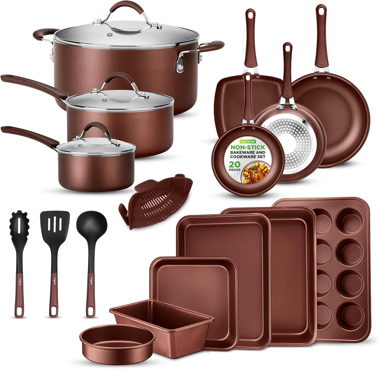 Nutrichef Kitchenware Pots & Pans High-Qualified Basic Kitchen Cookware, Non-Stick (20-Piece Set), One Size, Brown image number 4