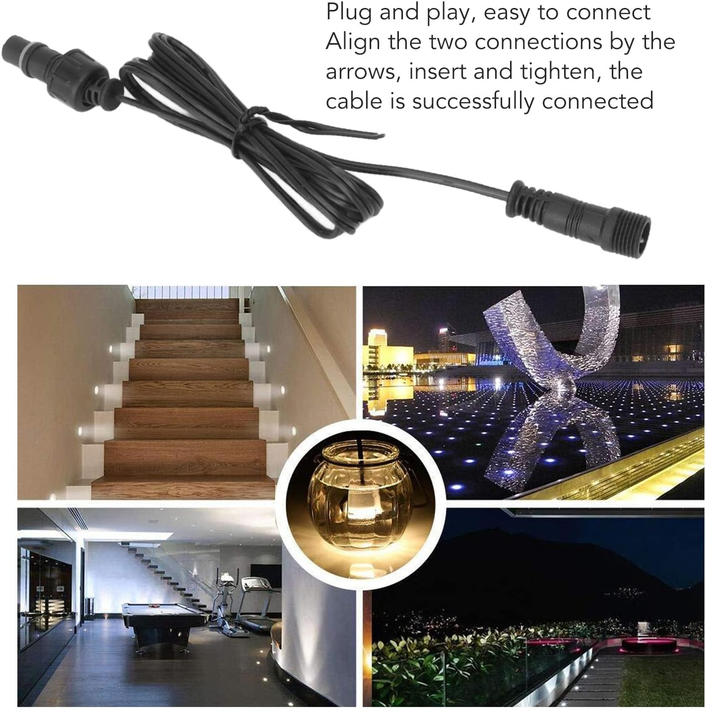 5 Pcs Deck Light Extension Cable, IP67 Waterproof 3.3Ft 2Pin Extension Cable Wire with Male and Female Connectors at Both Ends for Single Color LED Deck Light image number 5
