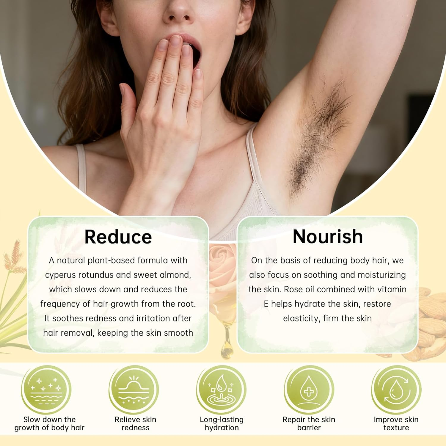 Cyperus Rotundus Hair Removal Oil with Sweet Almond & Rose Oil, Soothing & Moisturizing, Reducing Body Hair Growth, Soothe Redness, Shrink Pores, Suitable for All Skin Types, 60Ml image number 1