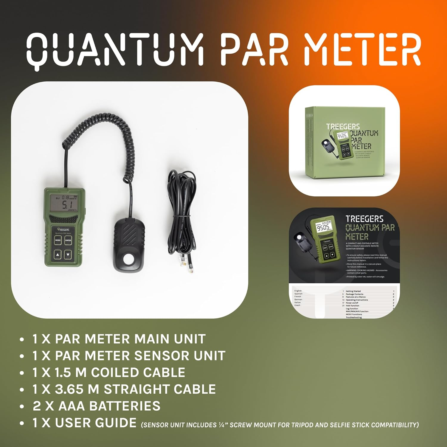 Quantum PAR Meter, PPFD & Illuminance Light Meter with Full-Spectrum Sensor (400&ndash;700Nm), Indoor & Outdoor Plant LED Grow Light Meter for Greenhouse & Gardening Lux Meter Tester by TREEGERS image number 1