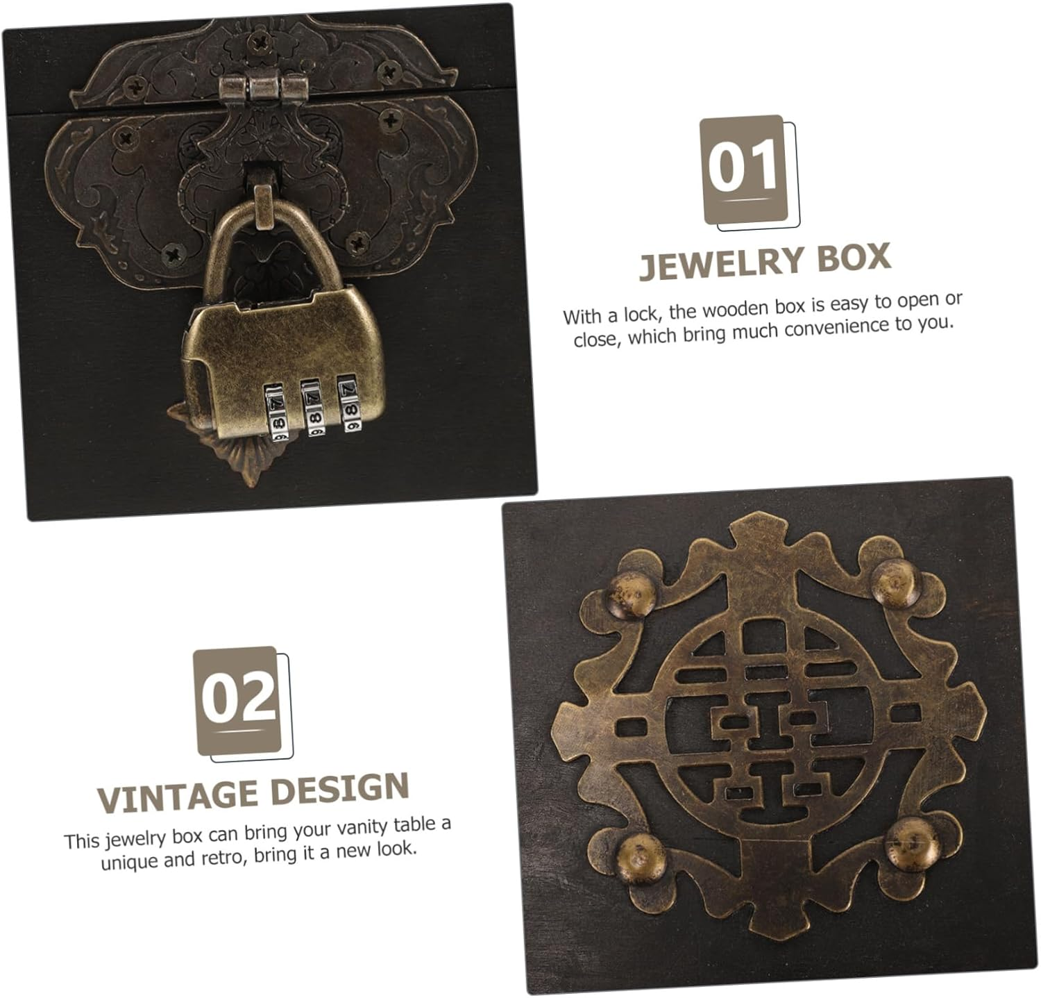 Vintage Wooden Keepsake Box Lid Small Treasure Chest for Jewelry Storage Retro Grey Wood Box 3-Digit Lock for Home D&eacute;cor and Gift Giving image number 4