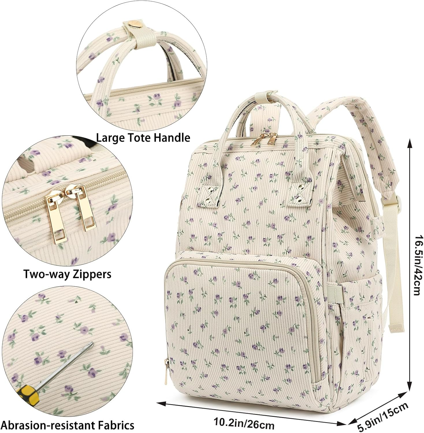 Corduroy Diaper Bag Backpack for Baby Girls Boys, Women Large Nappy Bags for Mom image number 6