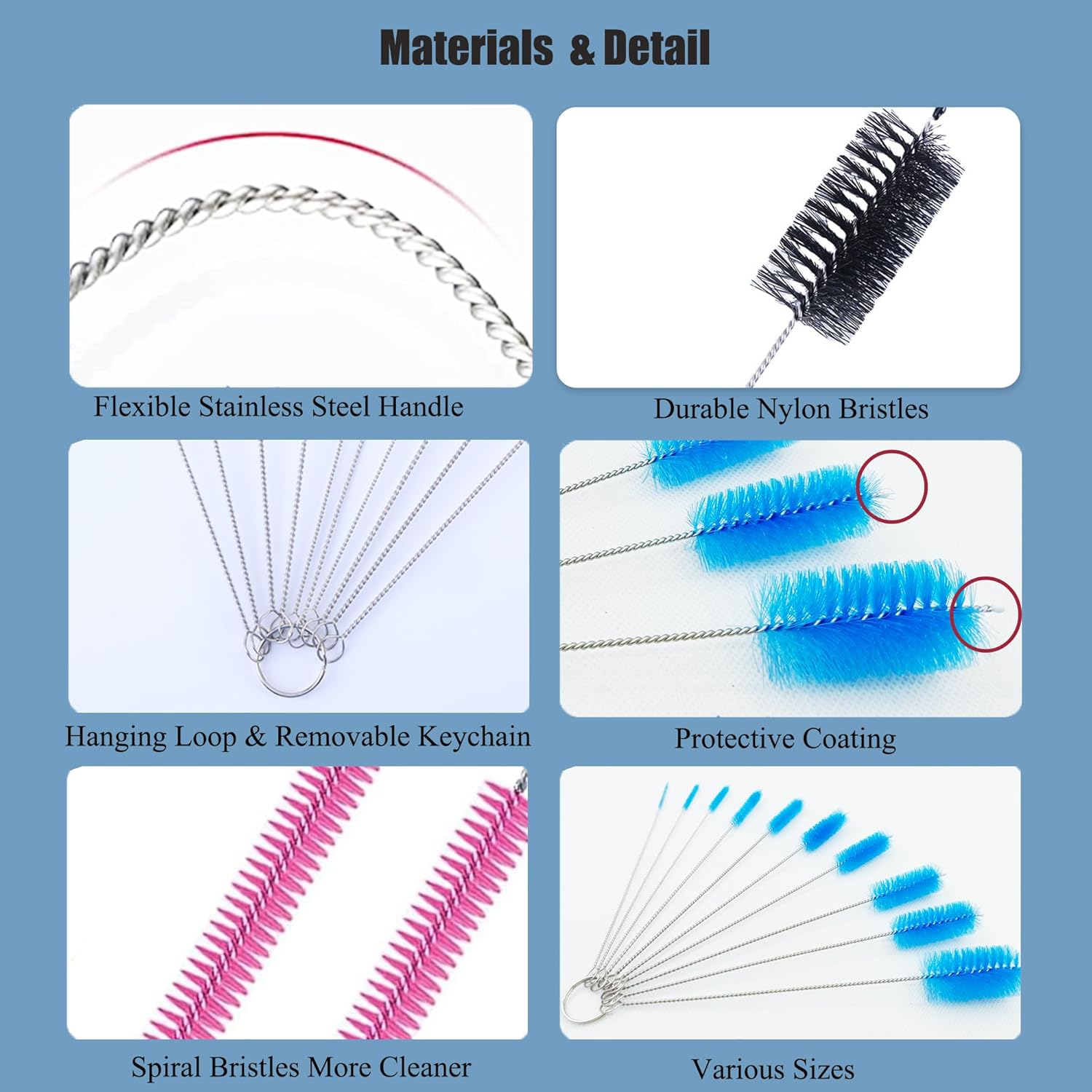 FOREVERIE Straws Brush Pink, Multi Uses & Flexible for Cleaning Narrow Tube and Pipes, Small Nozzles, Small Turning Area, Teapots Etc., Bristles Size from Minimal to Large, Set of 10 - Pink image number 6