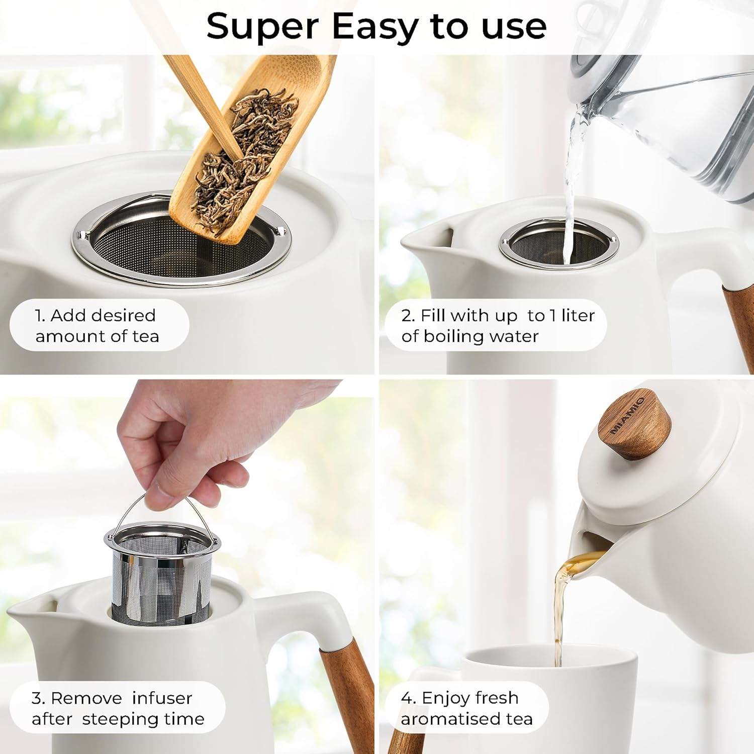MIAMIO - Teapot Set with Warmer / 1L / 1000 Ml Tea Kettle with Infuser for Steeping Loose Tea Leaves (White)