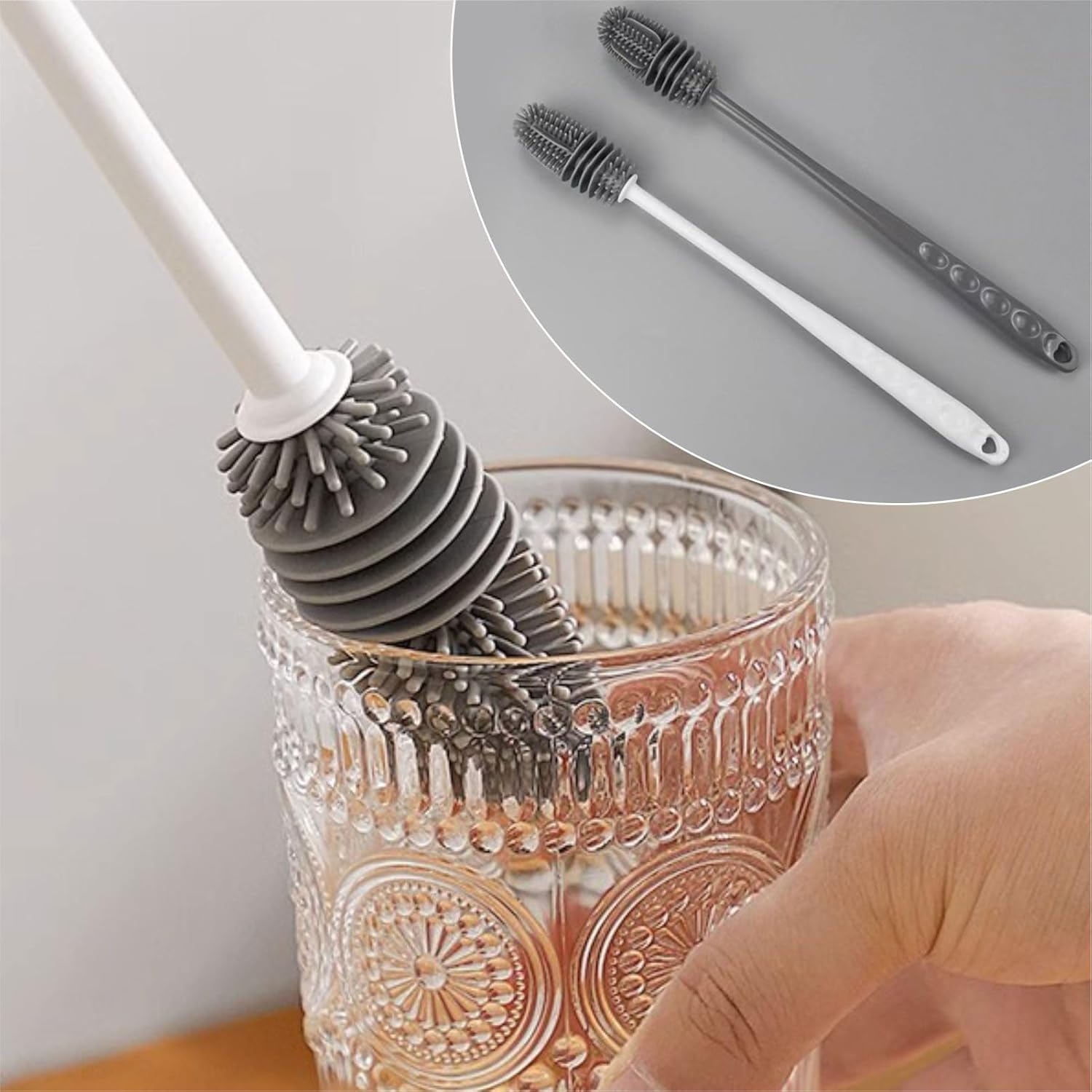 Silicone Bottle Brush,Silicone Bottle Cleaning Brush with Long Handle，Be Suited to Cleaning Narrow Neck Containers, Vacuum Sports Bottle, Tumblers, Flask, Glassware (2 Pack, Black and White) image number 4
