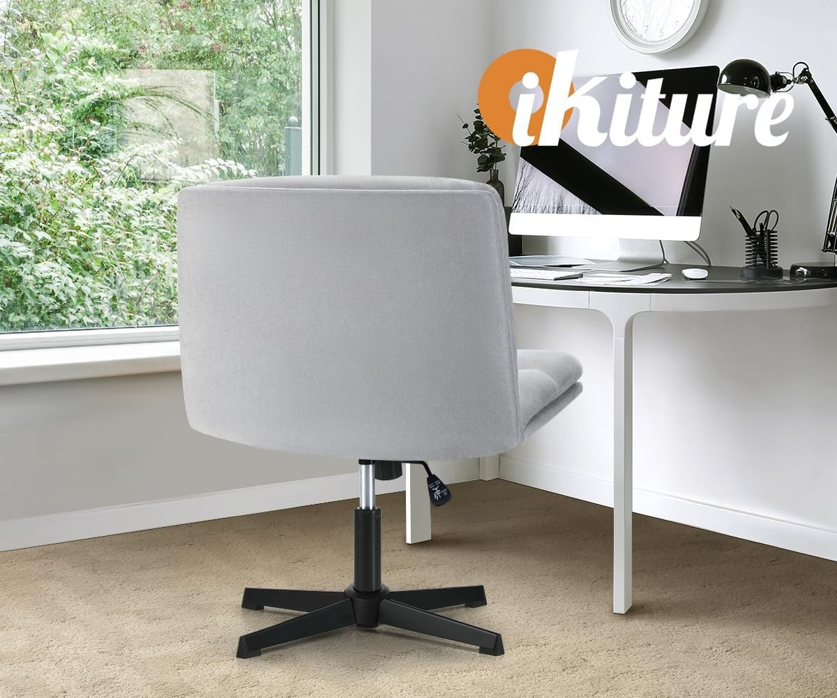 Oikiture Cross Legged Chair with Wider Cushion Padded Max 120&deg;Rocking Home Office Chair Linen Fabric Computer Desk Chair Grey image number 5