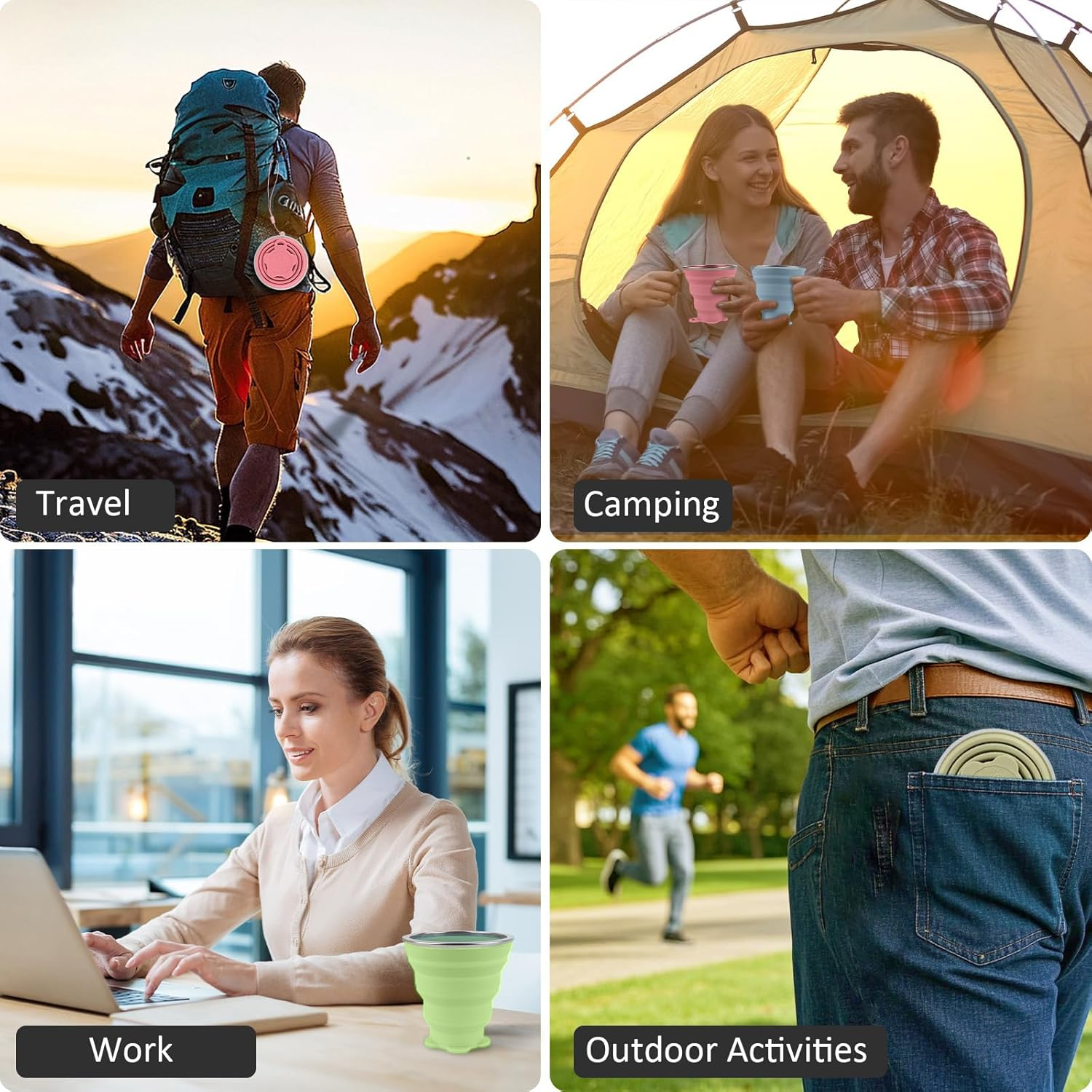 Ddluck Silicone Collapsible Camping Cup, 4 Pack 320Ml Foldable Travel Mug, Folding Portable Cups with Plastic Sealing Lid, Reusable Mugs Set for Picnic, Camping, Office, Outdoor Hiking - Green  Gray image number 5