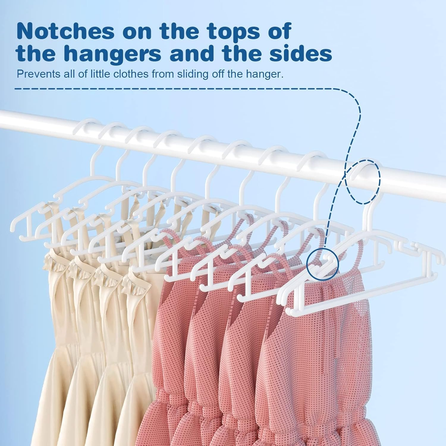 40 Pack Kids Hangers, JOMWEN Plastic Hangers for Baby, Toddler, and Child Clothes - Non-Slip Toddler Hangers - Ideal for Infant Clothing, Pants Coats Skirts (White) - Mix Color image number 4