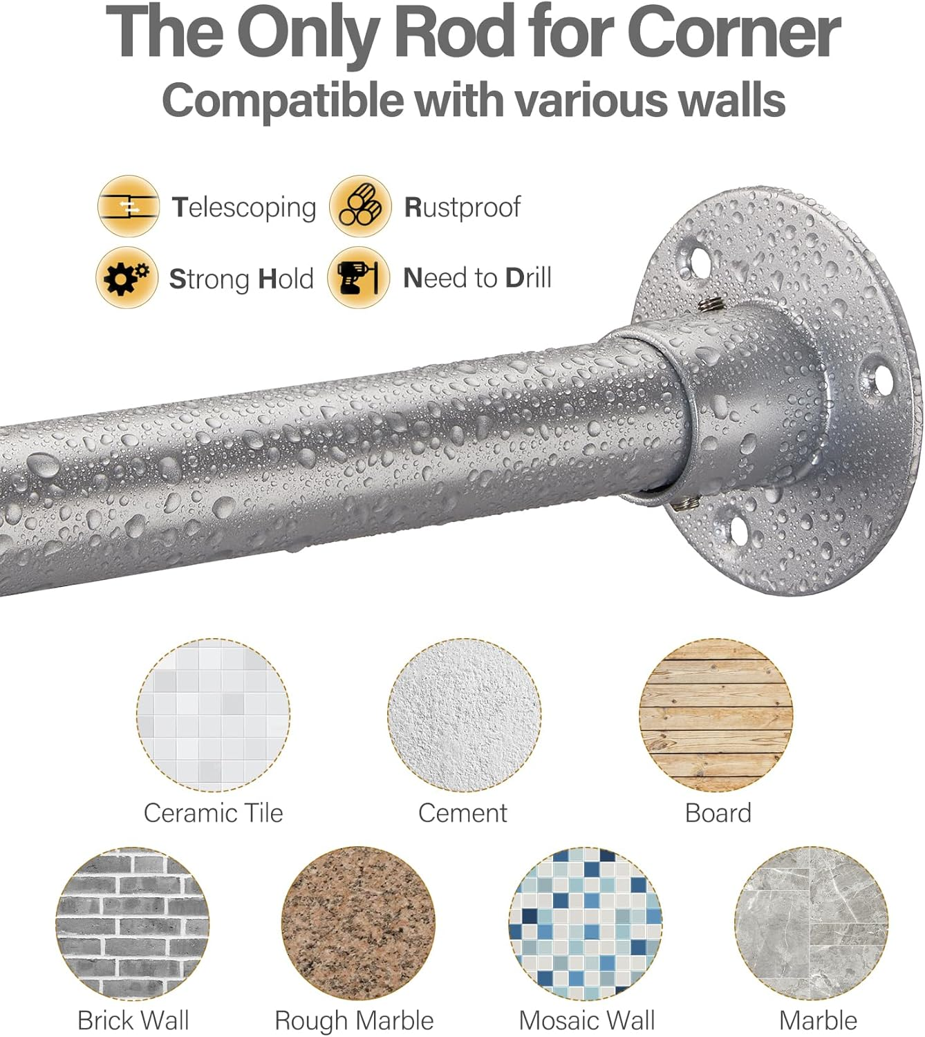 Crkmire Corner Shower Curtain Rod, Silver Gray [24"-53"] X [24"-53"] Adjustable L Shaped Shower Rod No-Sagging 90 Degree Curved Curtain Rod for Bathroom Bathtub with 12 Ring Hooks & Ceiling Support image number 4