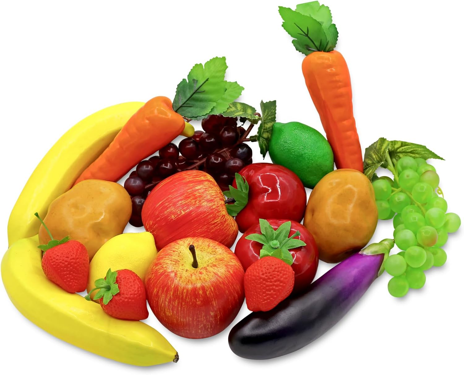 18Pcs Fake Fruits Vegetables Realistic Artificial Frutis Foam Decoration Faux Fruit Lifelike Simulation Vegetable for Home Kitchen Festival Ornament Banana Eggplant Strawberry Carrots Plastic Lemon