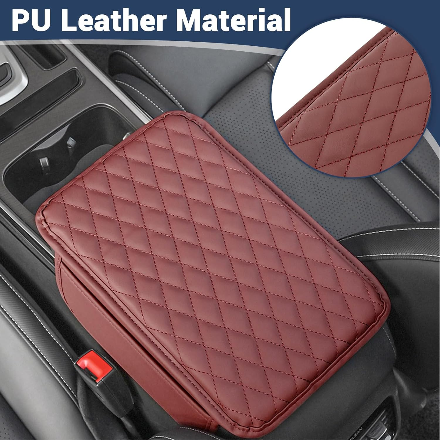 Huakaile Red Car Console Cover, Leather Car Center Console Cushion Pad with Sided Pockets, Protective Car Armrest Cushion for Most Kinds of Vehicles Interior Accessories image number 3