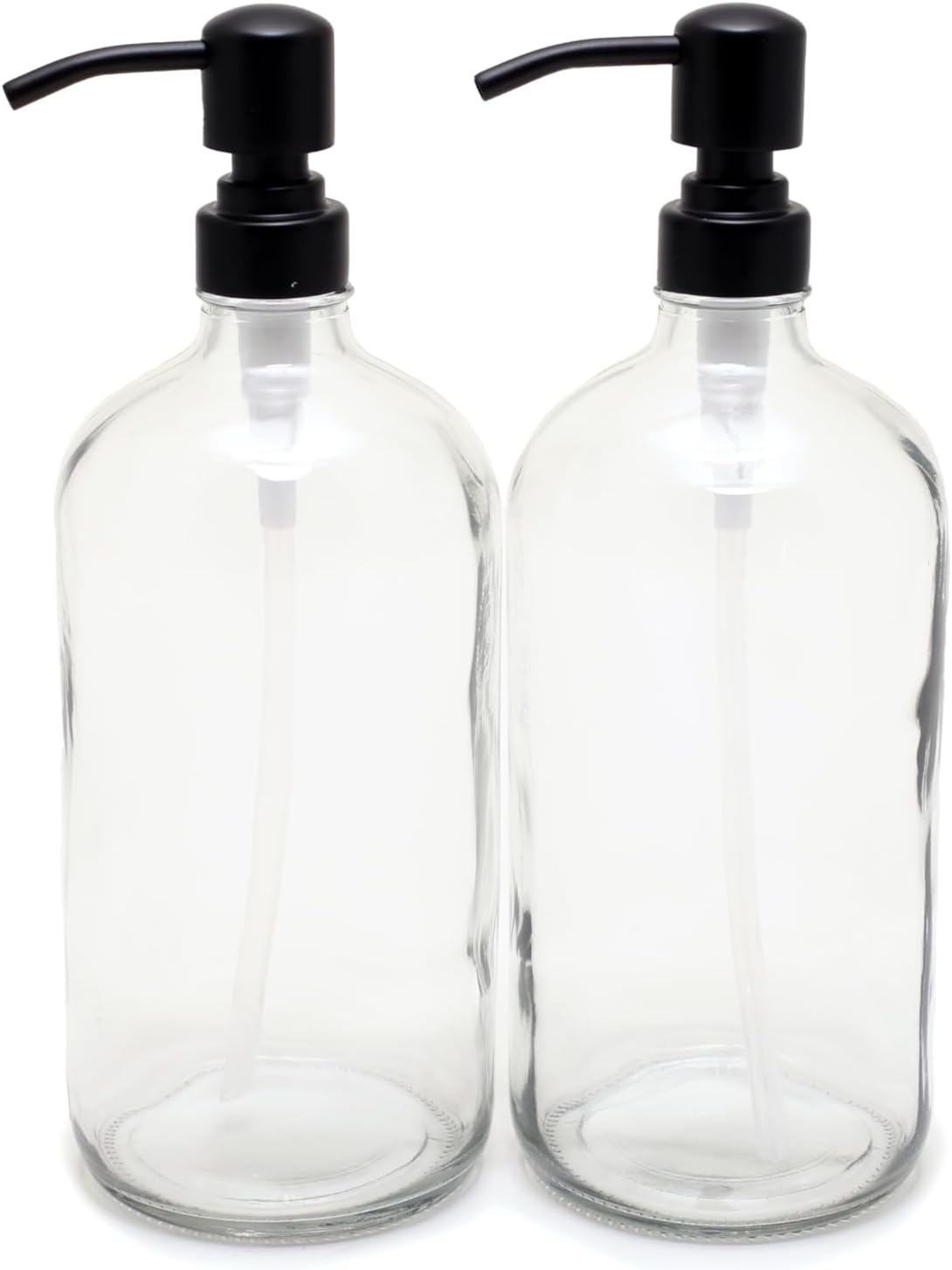 Vivaplex, 2, Large, 32 Oz, Empty, Clear Glass Bottles with Stainless Steel, Matte Black, Lotion Pumps image number 1