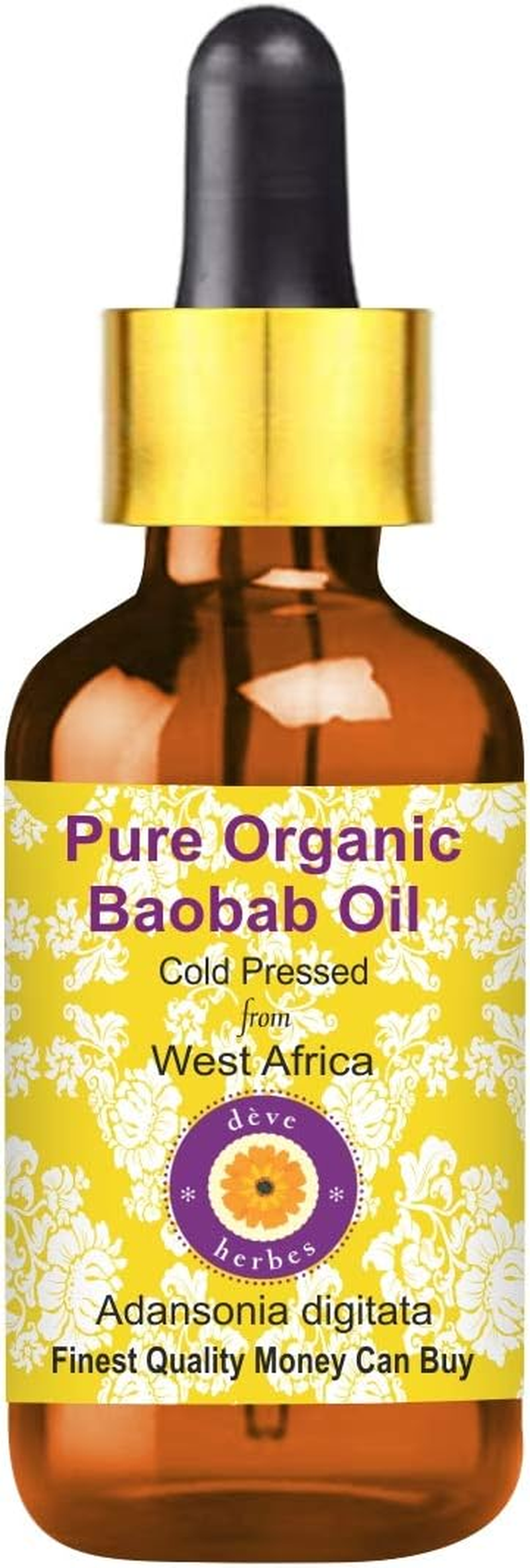 Deve Herbes Pure Organic Baobab Oil (Adansonia Digitata) with Glass Dropper 100% Natural Therapeutic Grade Cold Pressed 100Ml (3.38 Oz)