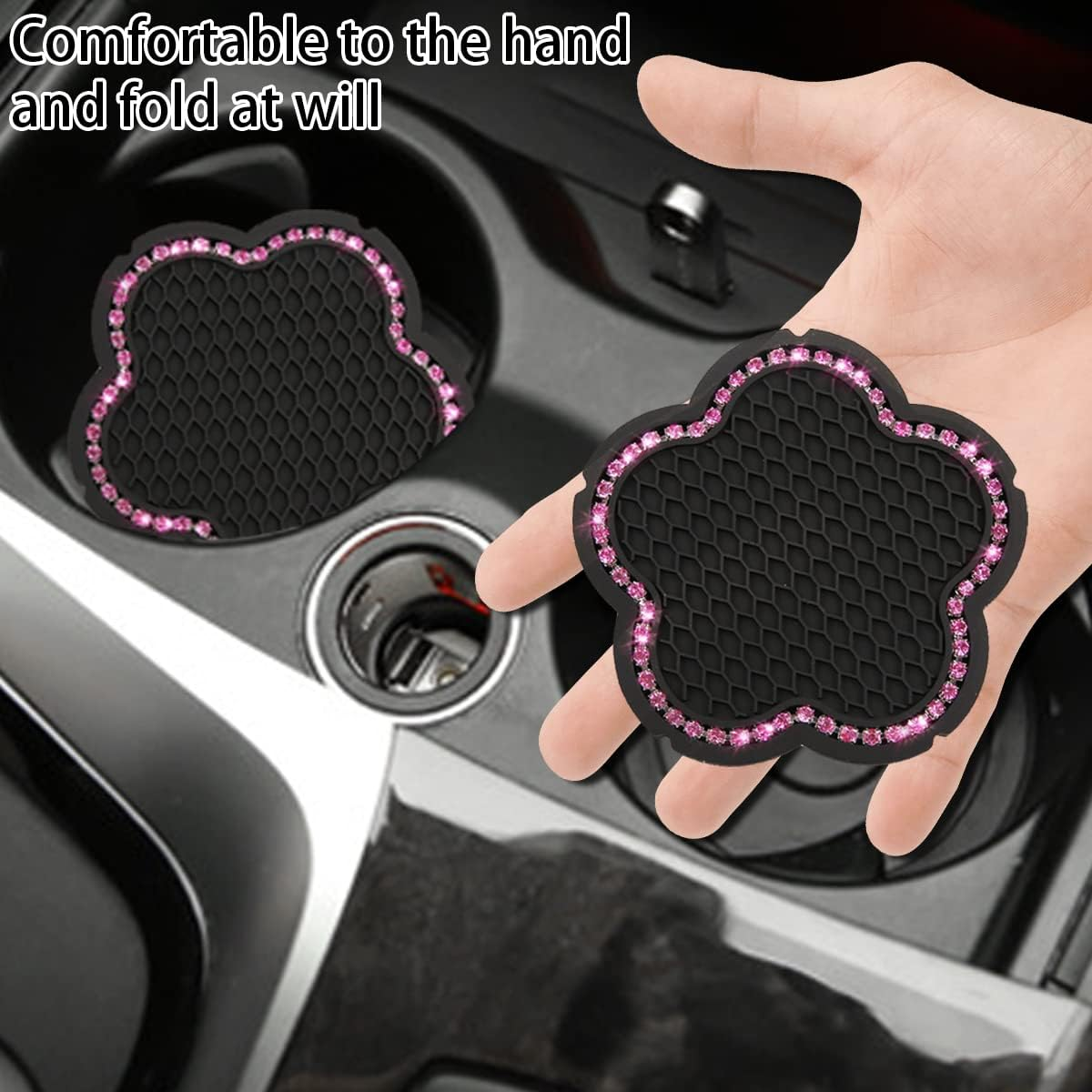BELOMI 4PCS Bling Car Cup Holder Coaster, 2.75 Inch Crystal Anti-Slip Vehicle Cup Holder Insert Coaster, Rhinestone Cute Plum Blossom Pattern Auto Drink Mat, Universal for Women Girls(Pink) image number 3