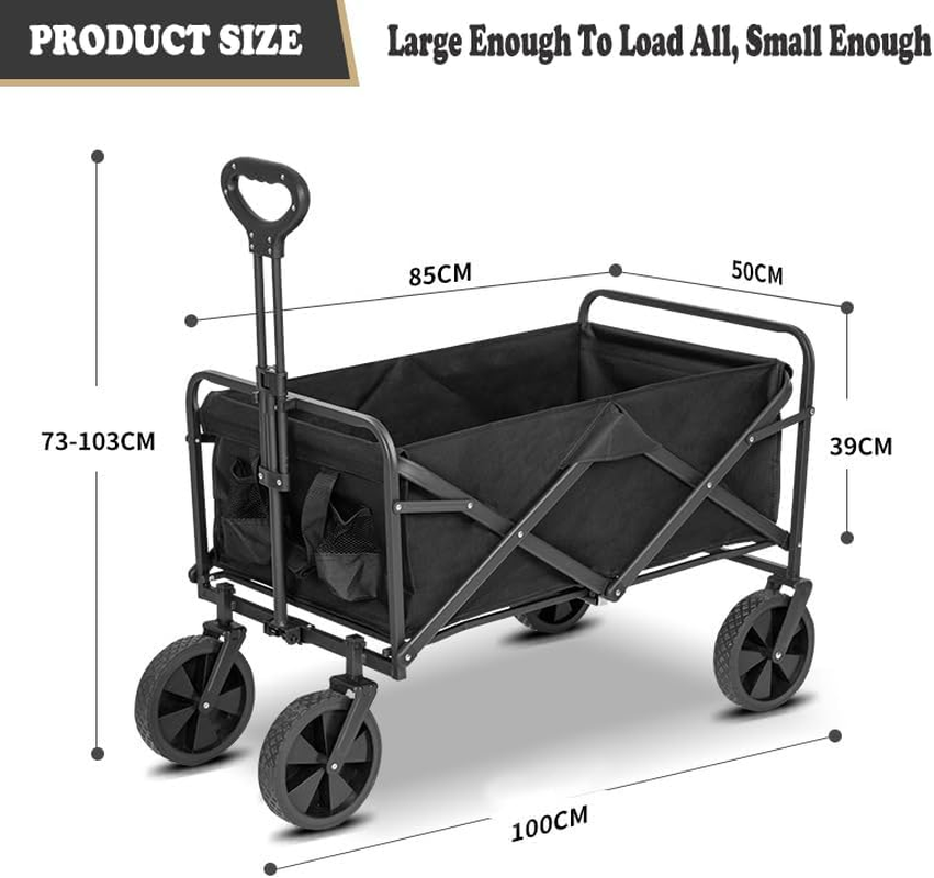Fohouse Collapsible Folding Wagon, Portable Large Wagon Cart, Large Capacity Heavy Duty Wagon Cart with Wheels, Utility Grocery Wagon with Side Pocket and Brakes for Camping Garden Sports - Black image number 2