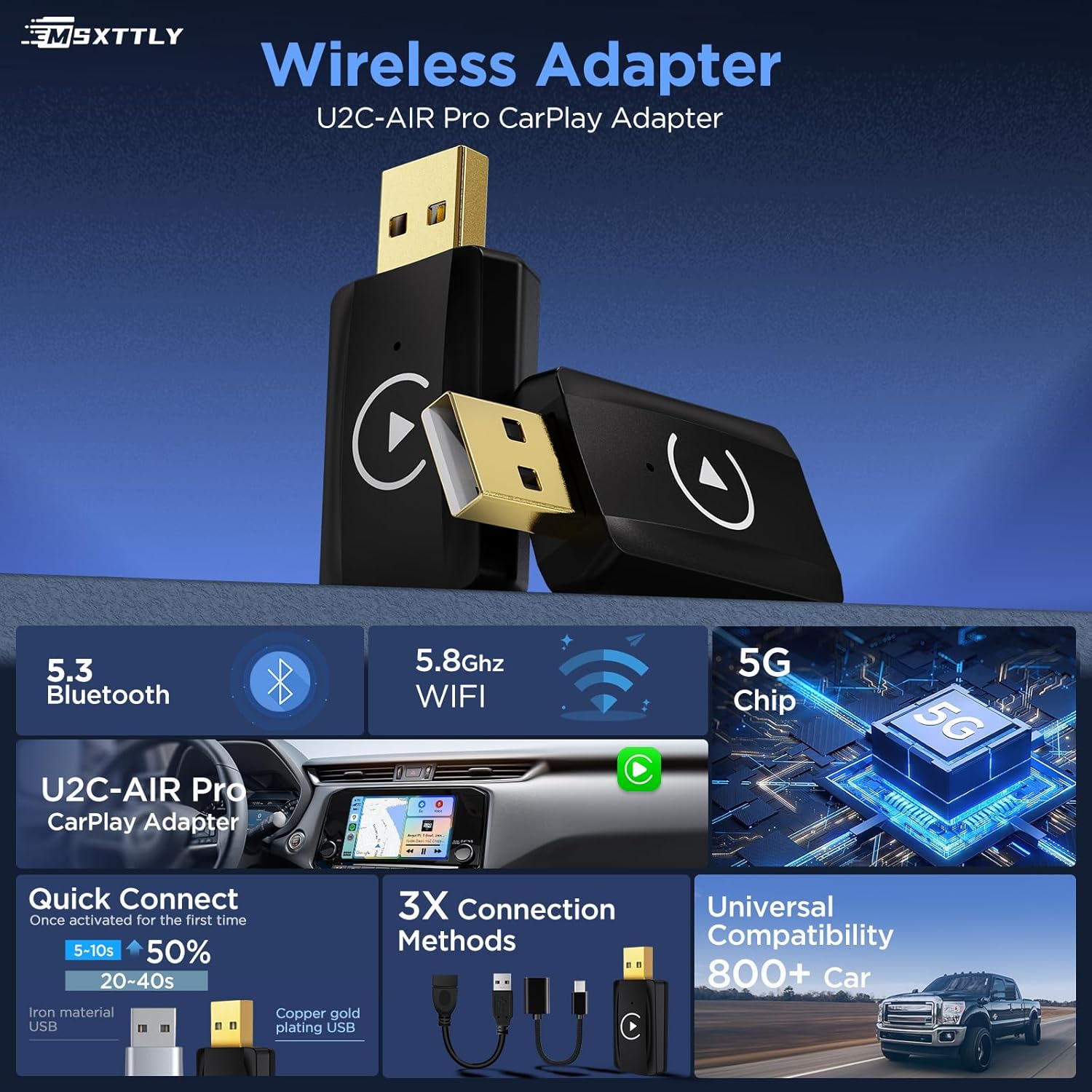 MSXTTLY Wireless Carplay Adapter Small Car Play Dongle Mini Carplay Wireless Adapter, Compatible for Apple Compatible for Iphone Ios 11+ for OEM Wired Car Model, Deep Space Black image number 2