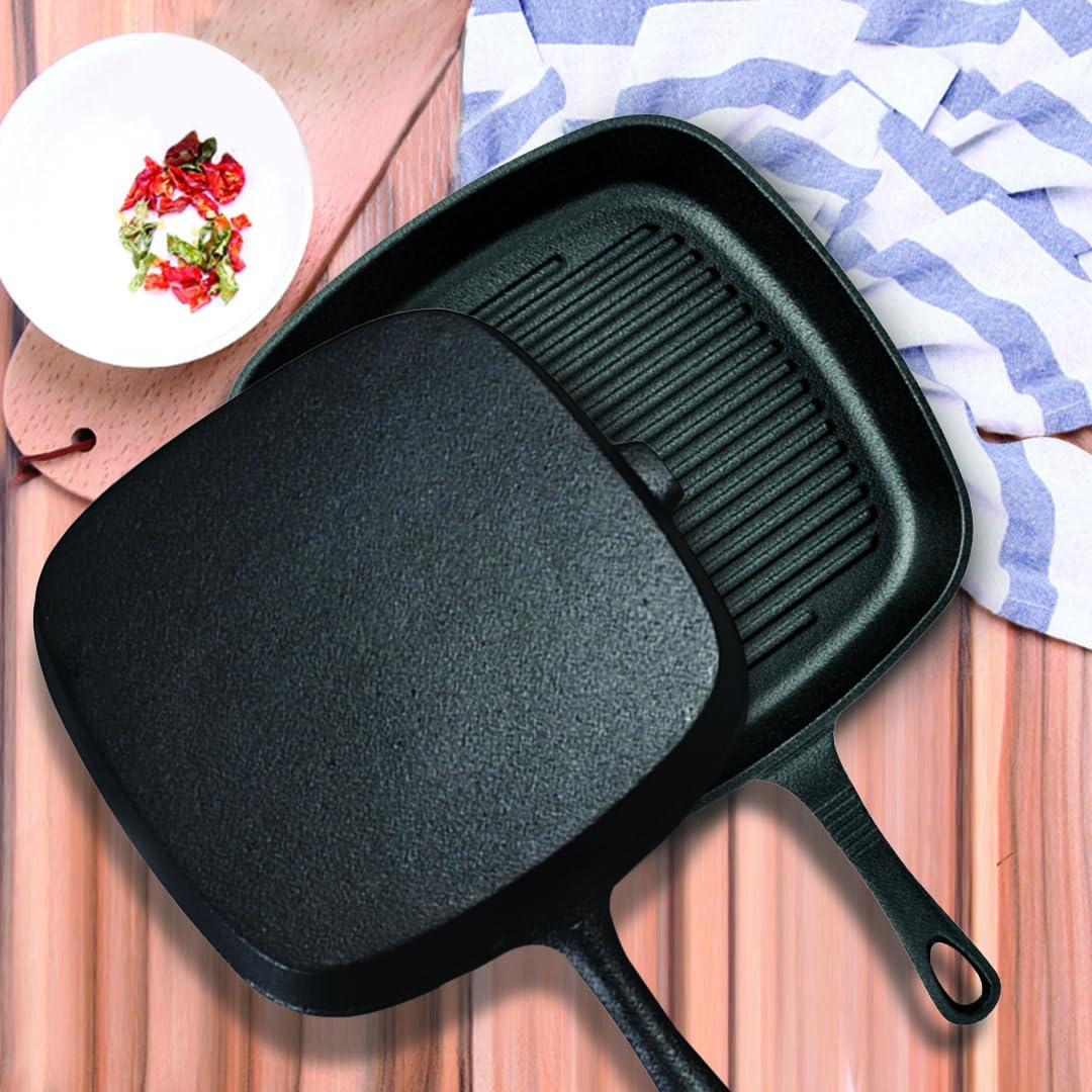 SOGA 9.25" Square Ribbed Cast Iron Frying Pan Skillet Coating Steak Sizzle Platter- Durable, Long-Lasting Kitchen Cookware. Ideal for Frying, Boiling, Pre-Seasoning, and More