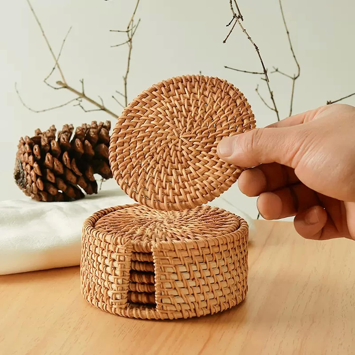 Handmade round Rattan Drink Coaster Set of 6 with Holder-4" in Diameter-Rustic Style to Dinning Room or Living Room image number 4