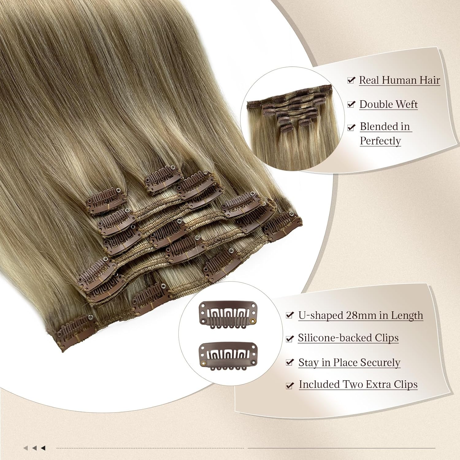 Hair Extensions Clip Ins Remy Human Hair Beige Blonde with Bleach Blonde Clip in Human Hair Extensions for Women 70Grams(18/613, 15")