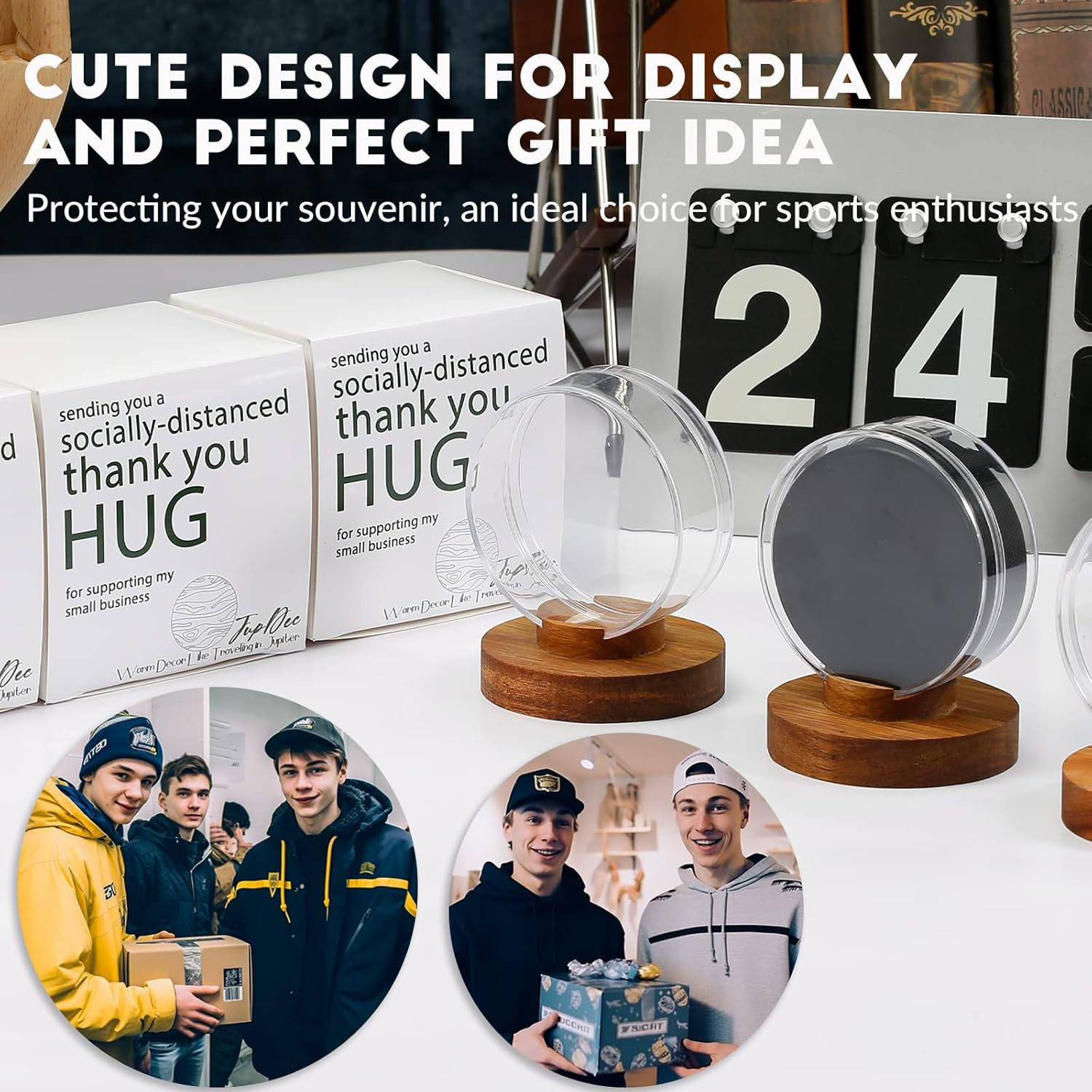 Jupdec Hockey Puck Display Case Acrylic Clear Holder with Wood Base, Autograph Souvenir Display Stand, Perfect Showcase for Your Collection, Brown, 1 Pack image number 5