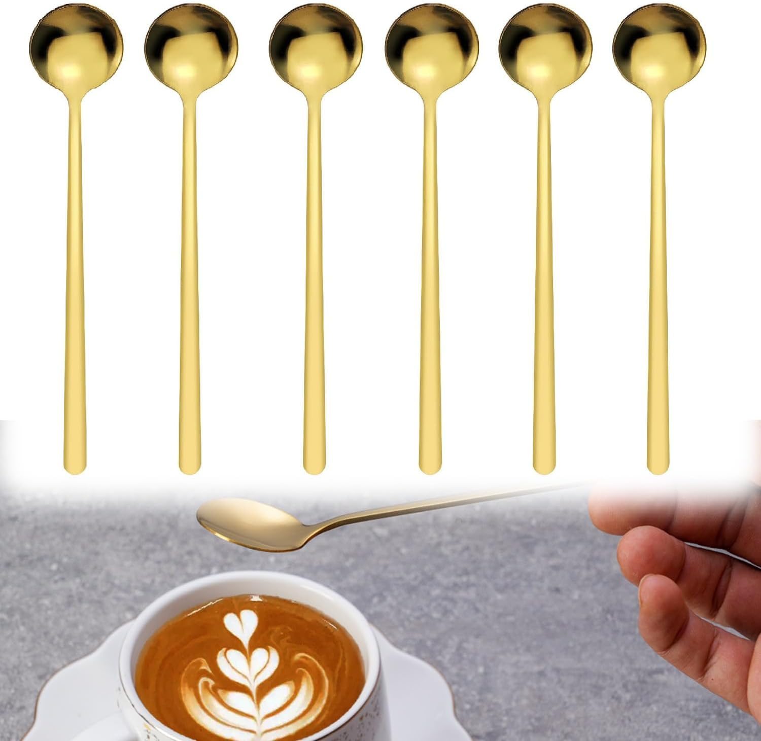 Wzenclave 6.7 Inches Long Handle Coffee/Tea Spoons, Elegant Gold Coffee Stainless Steel Spoons Set, Tea, Dessert, Soup, Chocolate, Cake, Ice Cream and Milkshakes （6 PCS） image number 4