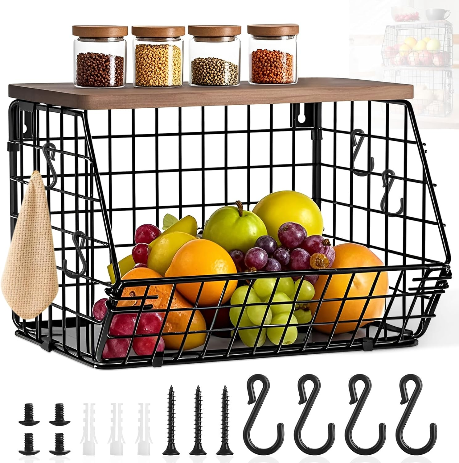 Dinhauyon Vegetable and Fruit Storage, Fruit Basket, Stackable Fruit Holder with Wooden Lid, Kitchen Countertop Rack, Wall Mounted Storage Baskets for Vegetables Fruit Bread Snacks image number 2