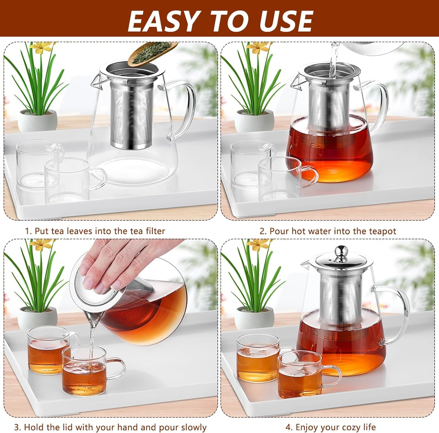Clear Glass Teapot,Glass Teapots 550Ml Borosilicate Glass Tea Potsm, round Shape Infuser Tea Pot,With 304 Stainless Still Strainer Small Teapot for Loose Leaf Tea,Herbal Tea,Fruit Tea image number 6