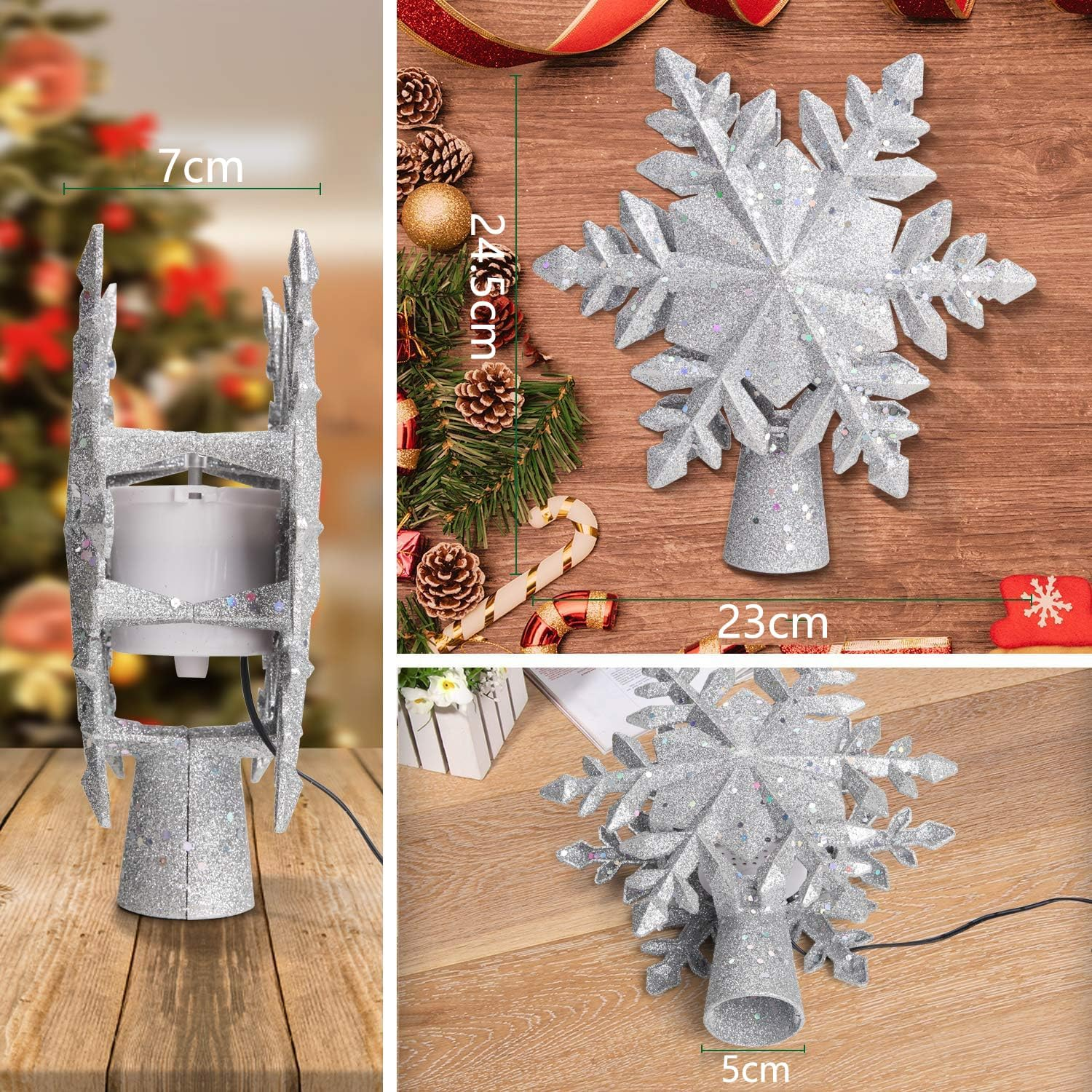 Christmas Tree Topper Lighted with Snowflake Projector, LED Rotating Snowflake Glitter Lighted Snow Tree Topper for Christmas Tree Decoration Home Office New Year Holiday Party Decor (Silver) image number 3