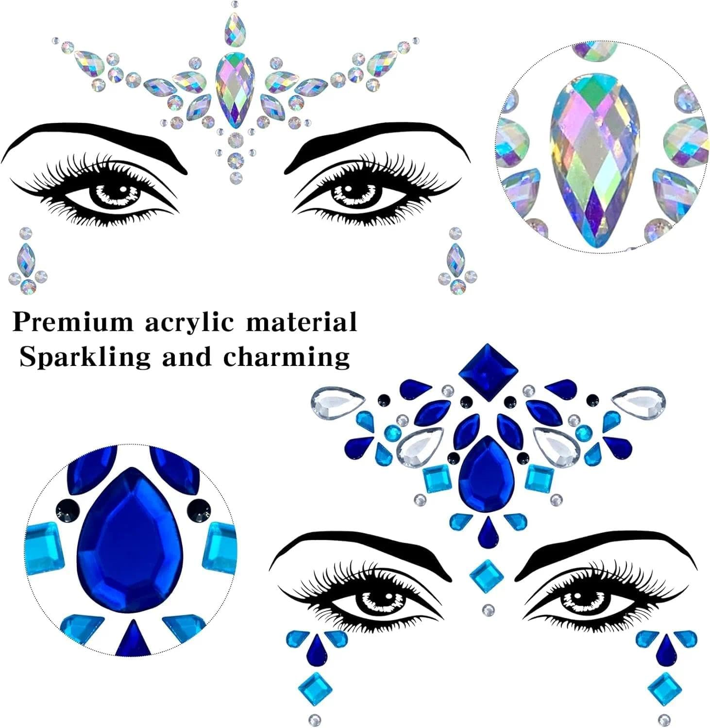Mermaid Face Gems Kit - 12 Sets of Rhinestone Jewels, Temporary Tattoos, Festival & Rave Crystal Stickers for Women, for Party, Carnival, and Special Occasions by Geiwogwc