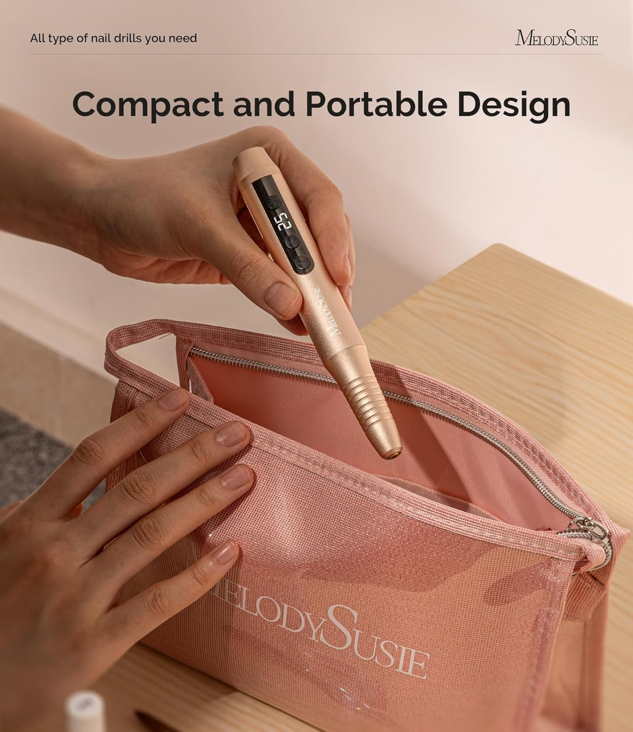 Melodysusie Electric Nail Drill,Cordless Nail File for Acrylic Gel Nails,Pc180G 25,000RPM Professional Portable Nail Drill Efile Manicure Pedicure Polishing Tool with Nail Drill Bits,Sanding Bands - Gold image number 2