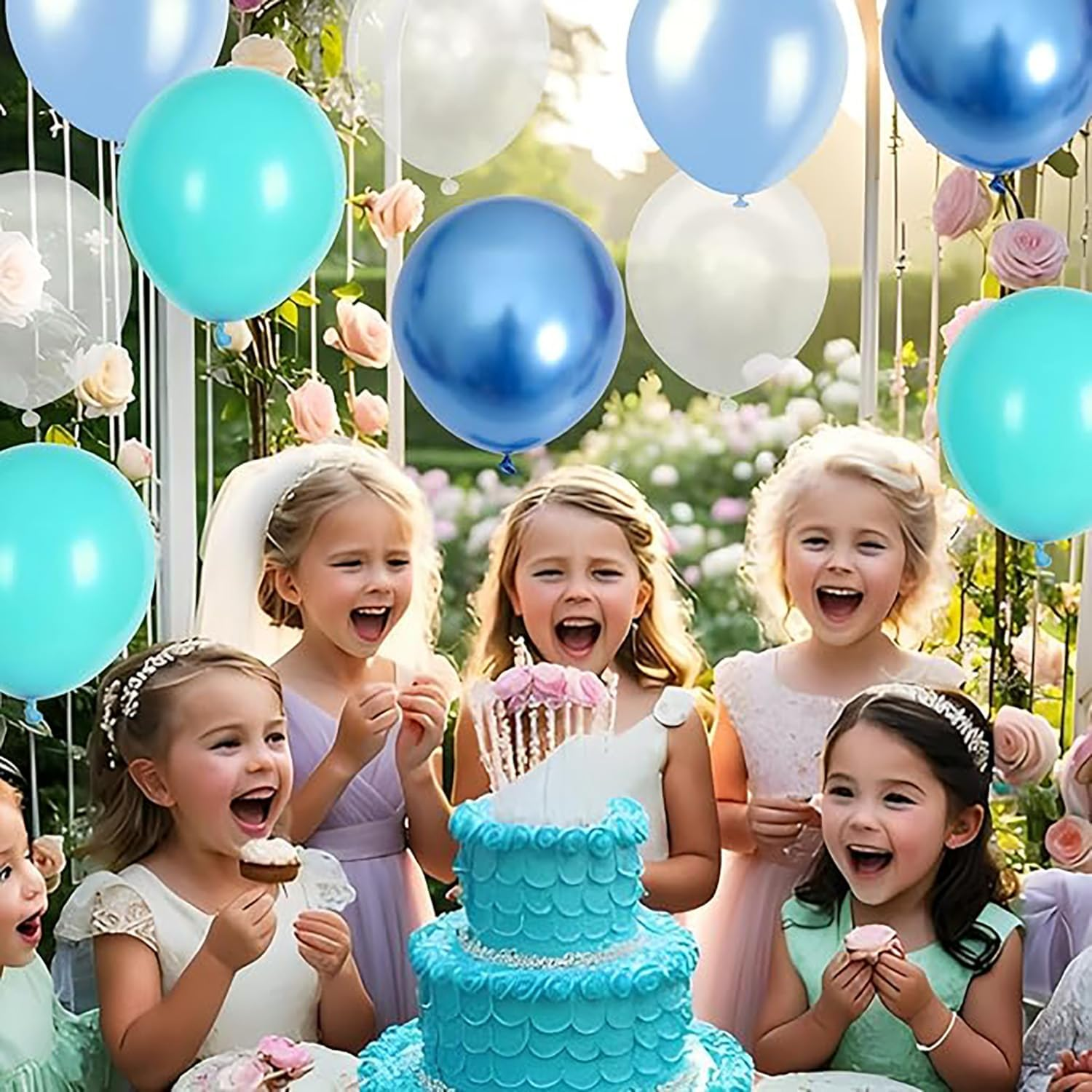 60PCS Teal Blue Balloons Set, Turquoise Blue & Pearl Balloons, Metallic Blue Balloons for Birthday, Baby Shower, Shark, under the Sea, Ocean Party Mermaid Theme Decorations image number 3