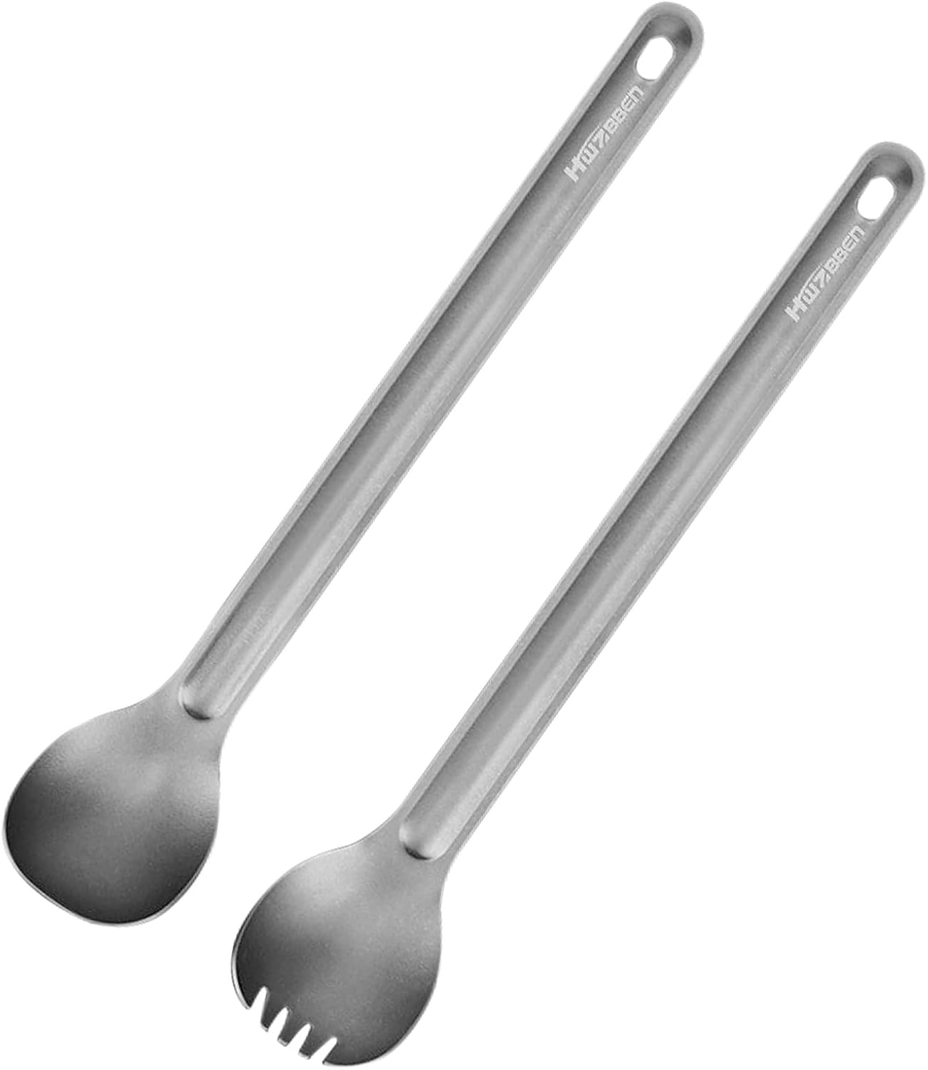 2Pcs Ti Long Handle Cutlery Spoon and Spork Set, Easy to Carry and Store, Camping Spork, a Hole on the Handle for Home, Camping, Hiking, Backpacking, Picnic (Spork and Spoon) image number 2
