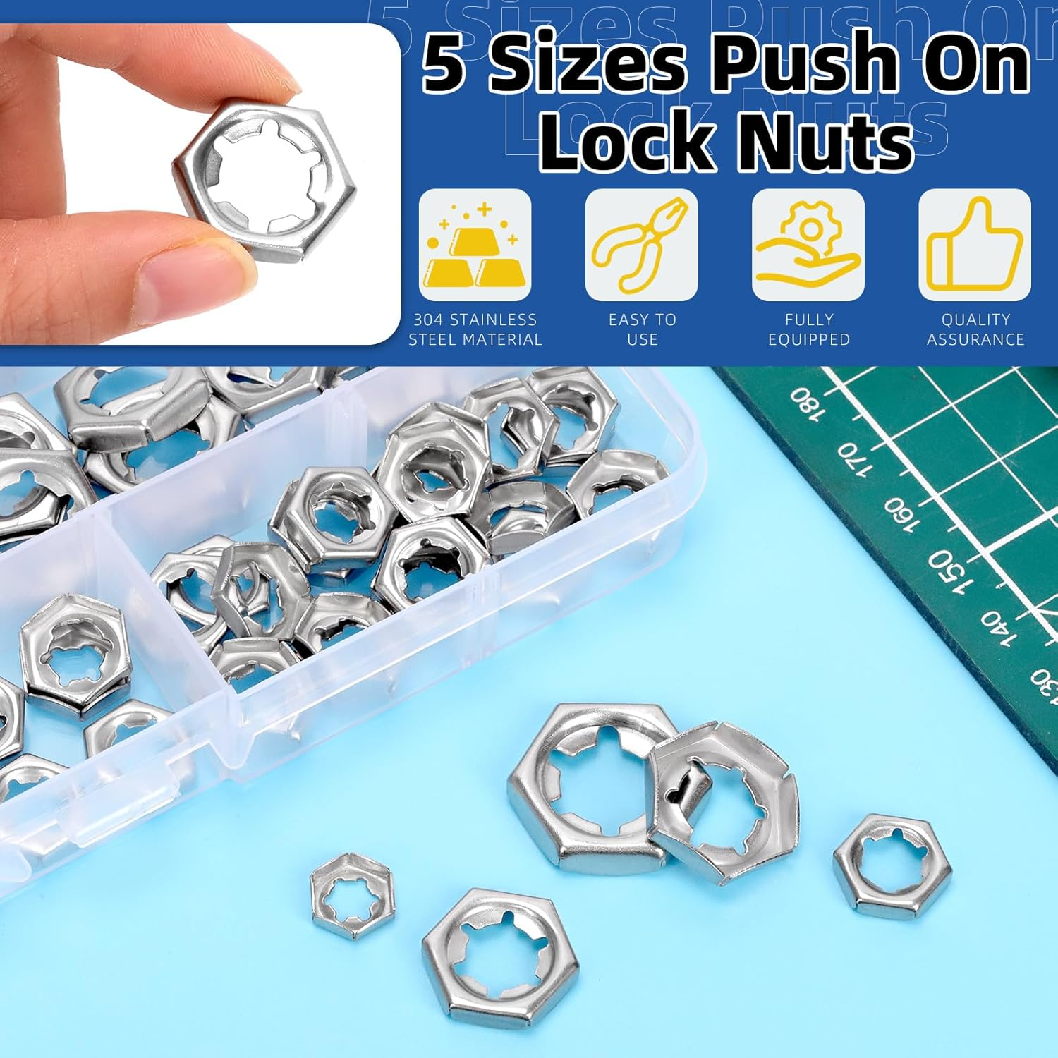 Glarks 105Pcs M6 M8 M10 M12 M14 Push on Lock Nuts Assortment Kit, 304 Stainless Steel External Push Rings Nuts, Quick Speed Locking Nut, Internal Tooth Star Lock Nut for Shaft and Stud - Silver image number 4