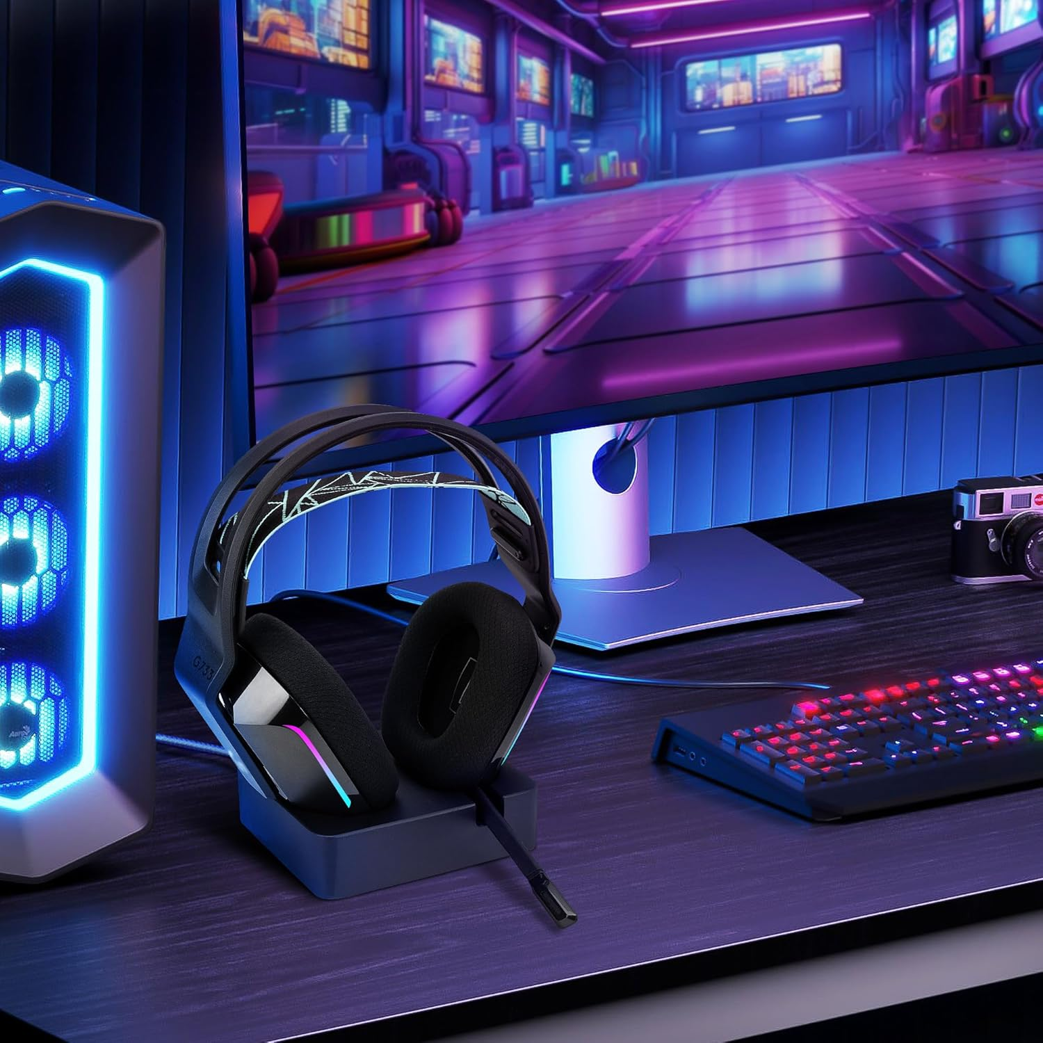 Geekria Headphones Charging Stand for Logitech G733 Lightspeed Wireless Gaming Headset, 3D Printed Resin Magnetic Dock, Gaming Headset Base (Black)