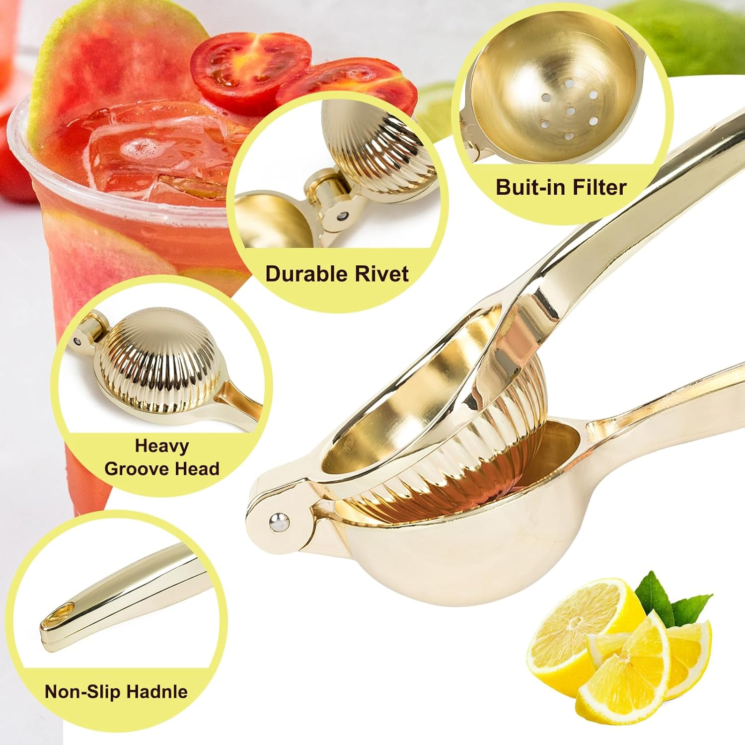 Lemon Squeezer, Heavy Duty Zinc Manual Lemon Juicer, High Yield Threaded Groove Small Oranges Limes Citrus Juicer Hand Press, Juice Maker for Cocktails Home Restaurant Kitchen Utensils(Gold) image number 3