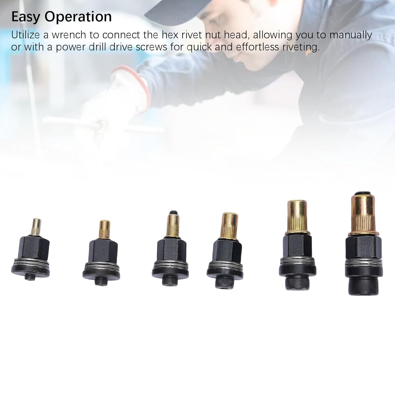 Cryfokt 6 Pcs Rivet Nut Tool Kit, M3 M4 M5 M6 M8 M10 Carbon Steel Rivnut Tool Set, Riveter Rivnut, Hand Rivet Nut Gun Head for Narrow Space Furniture Industrial image number 3